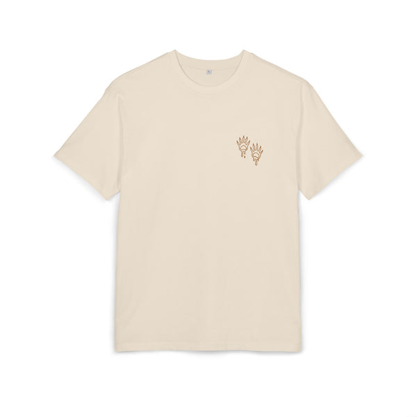 sand t-shirt with small raccoon paw print design on a white background, front