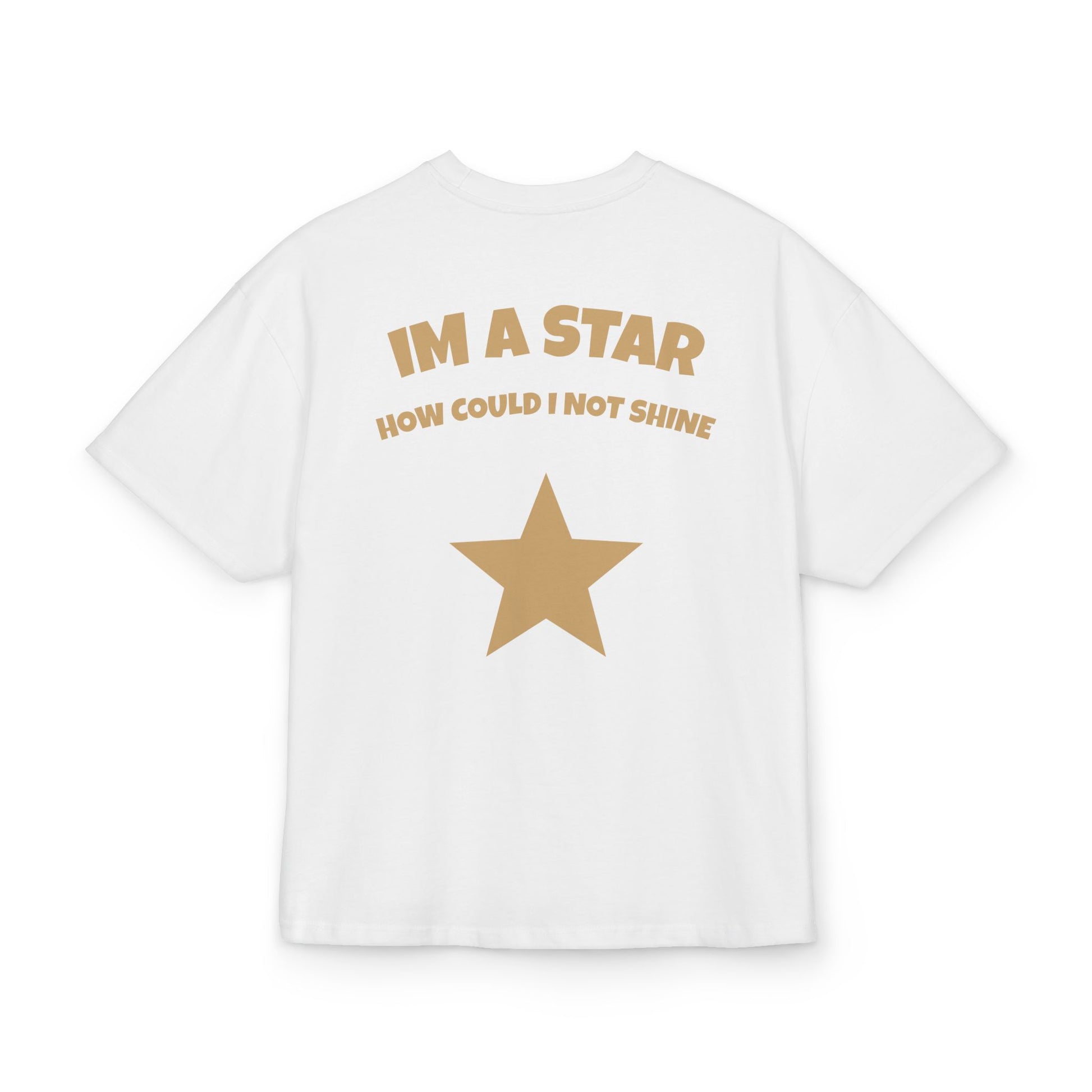 White t-shirt with gold star and text on a white background, back