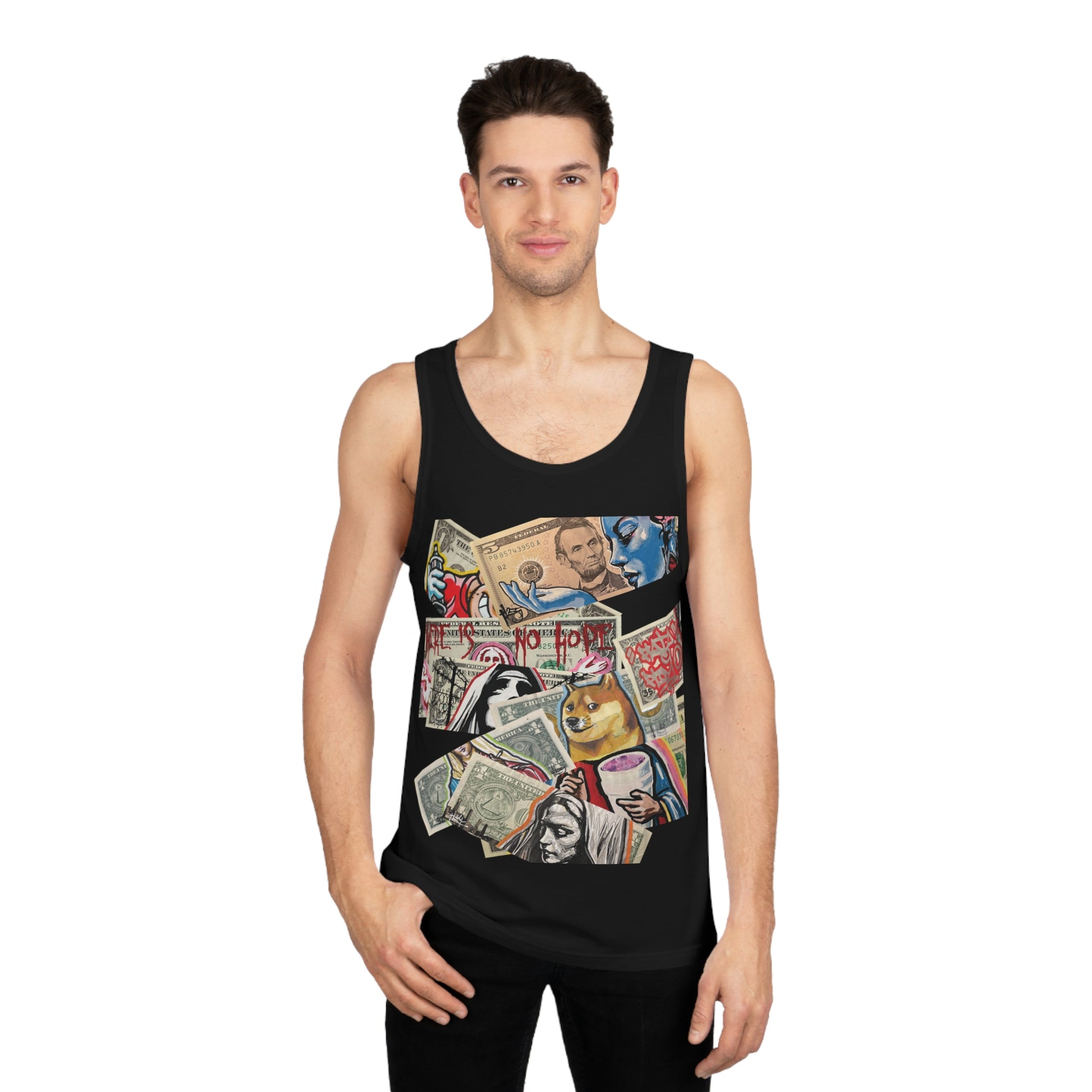 man wearing black tank top with stacked dollars artistic design of dollars and text on a white background, front