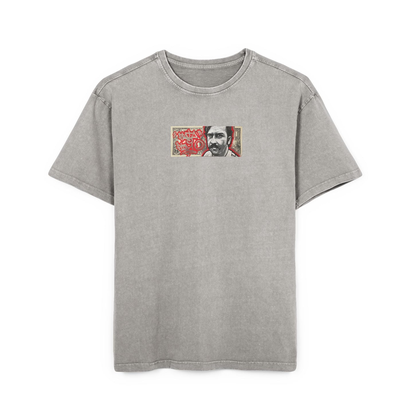 Gray t-shirt with a graphic design of pablo escobar on a white background, front