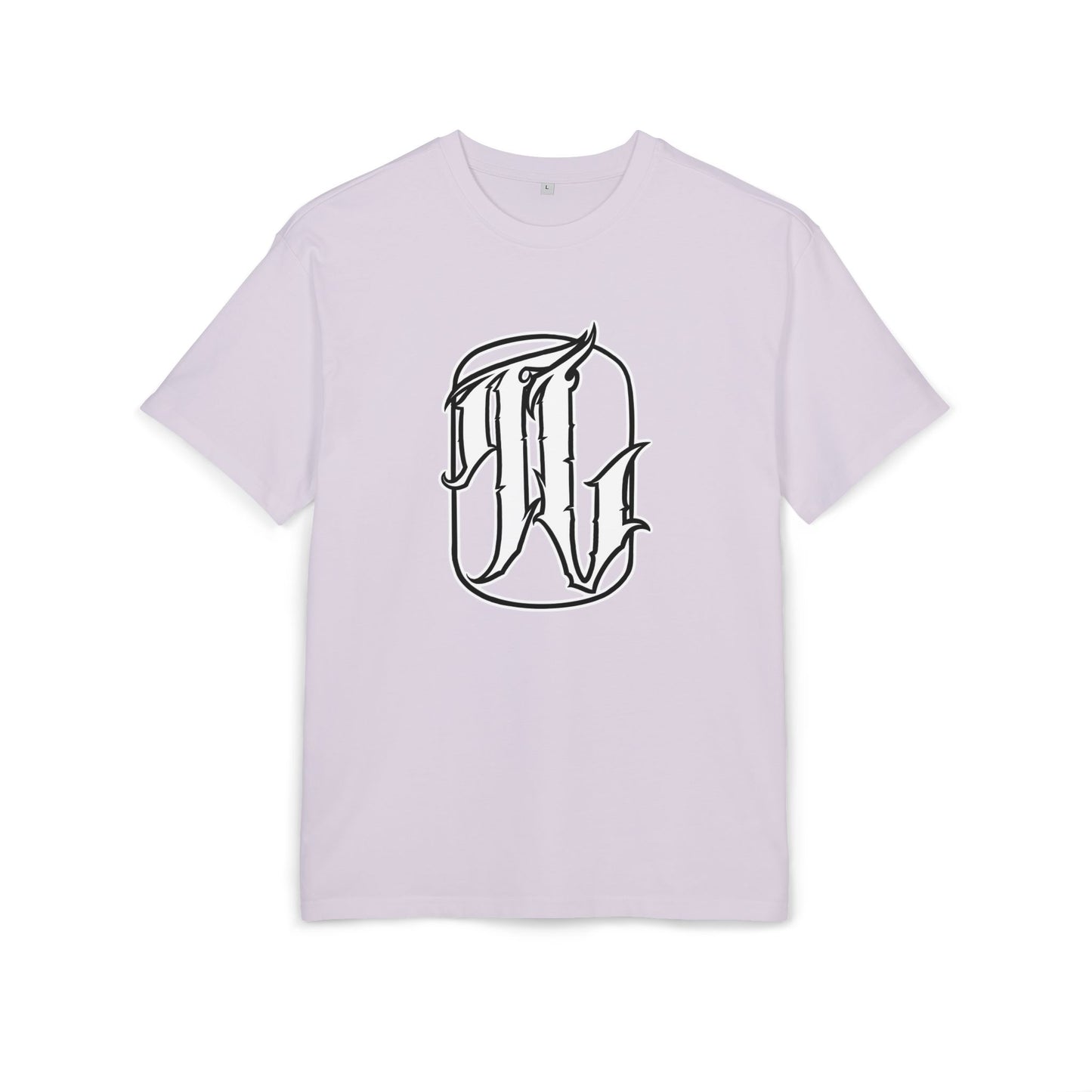Lilac t-shirt with a white logo on a white background, front