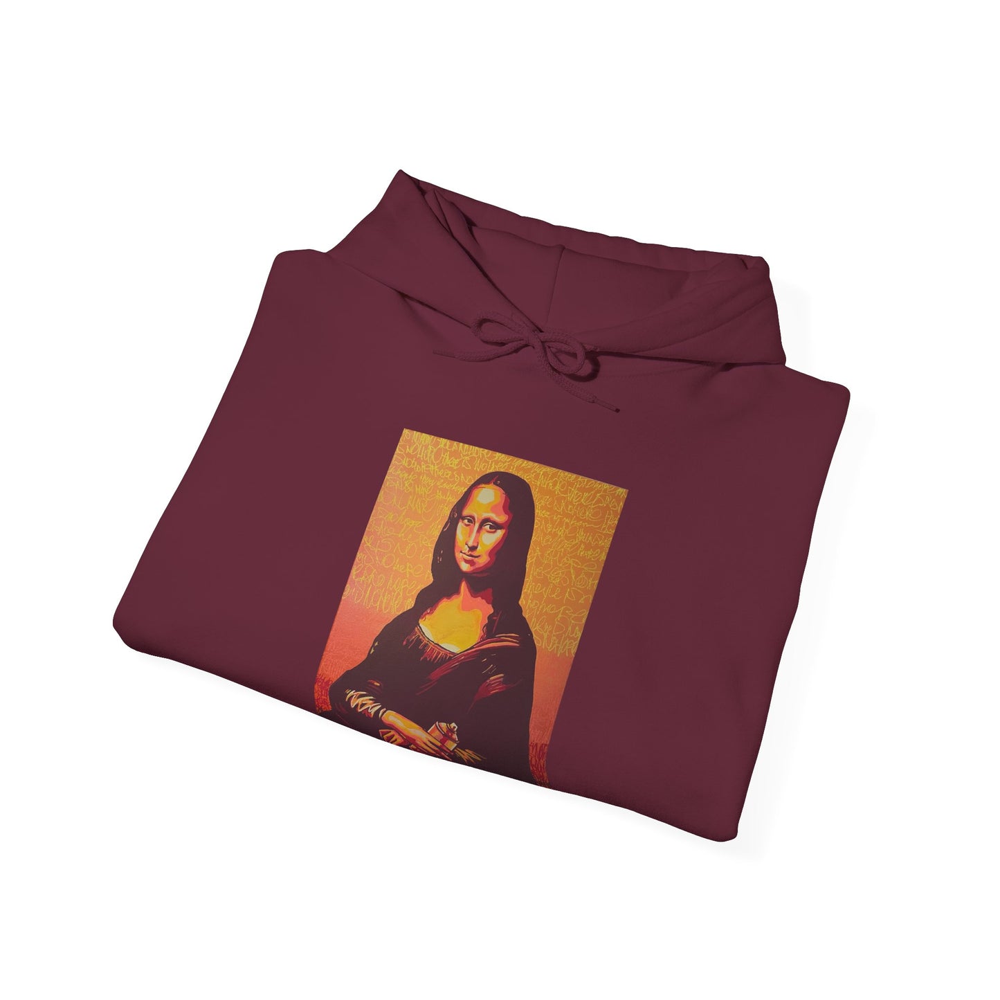 folded maroon hooded sweatshirt featuring a printed portrait of a famous painting on the front, front