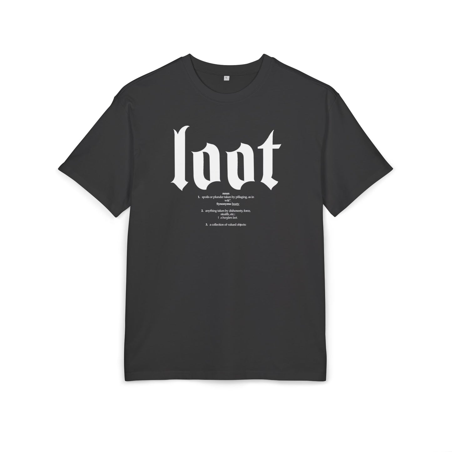 Black t-shirt with white text on a white background, front