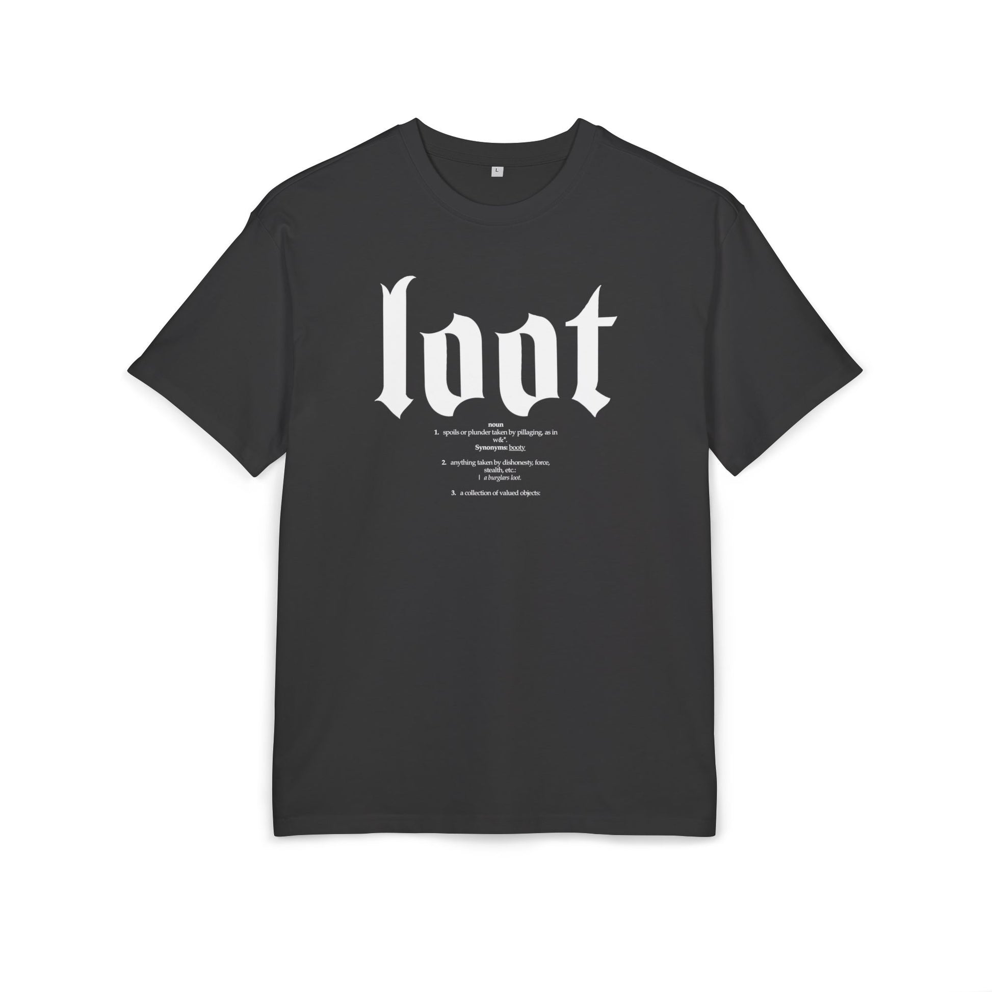 Black t-shirt with white text on a white background, front