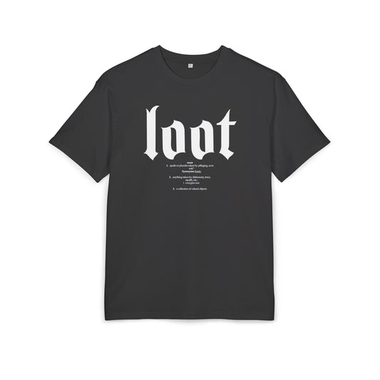 Black t-shirt with white text on a white background, front