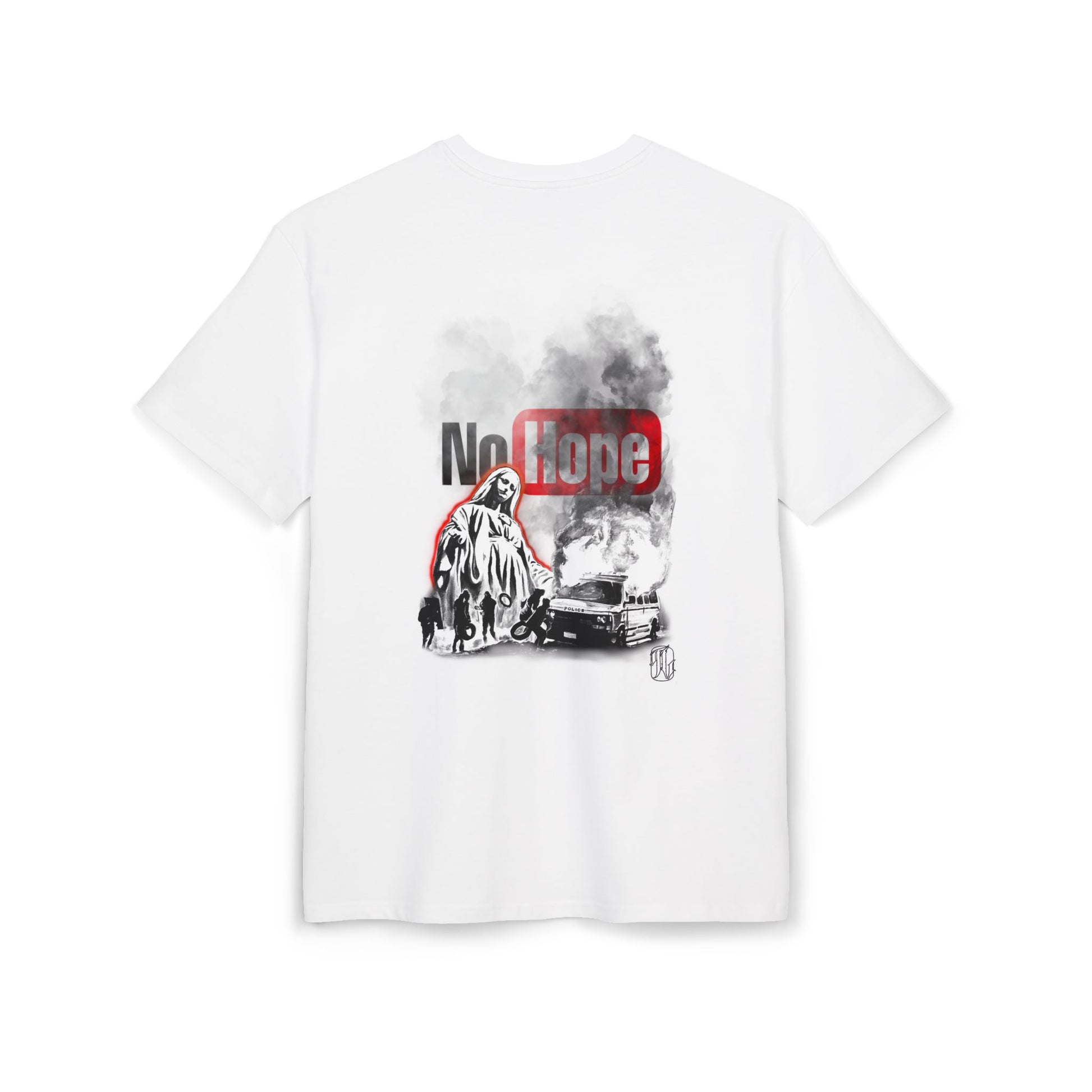 White t-shirt with graphic design and text  "No Hope" on a white background, back