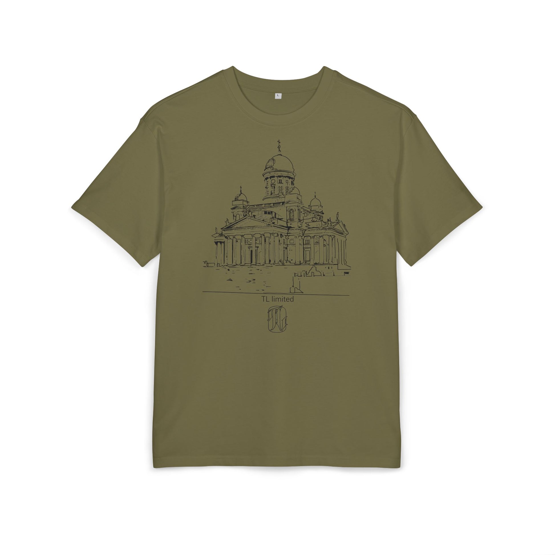 olive Green t-shirt with architectural design on a white background, front
