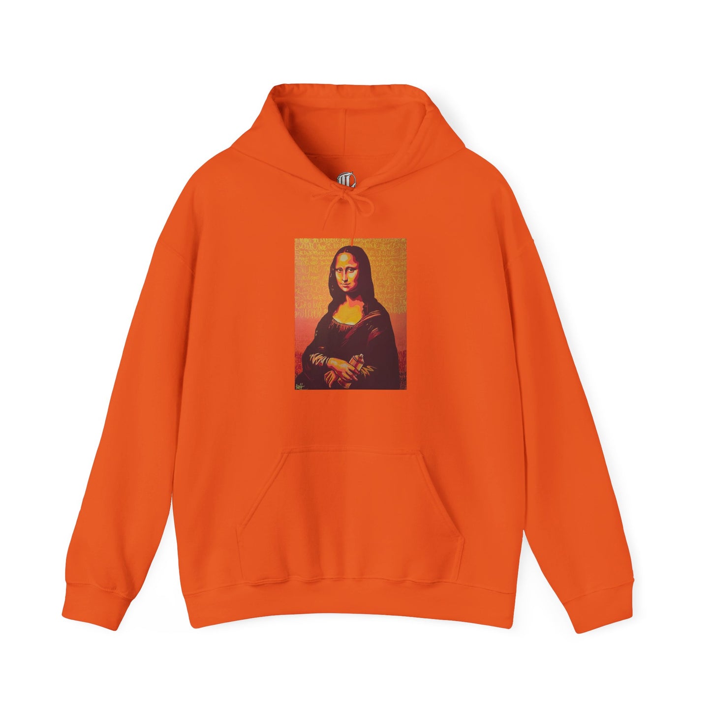 orange hooded sweatshirt featuring a printed portrait of a famous painting on the front, front