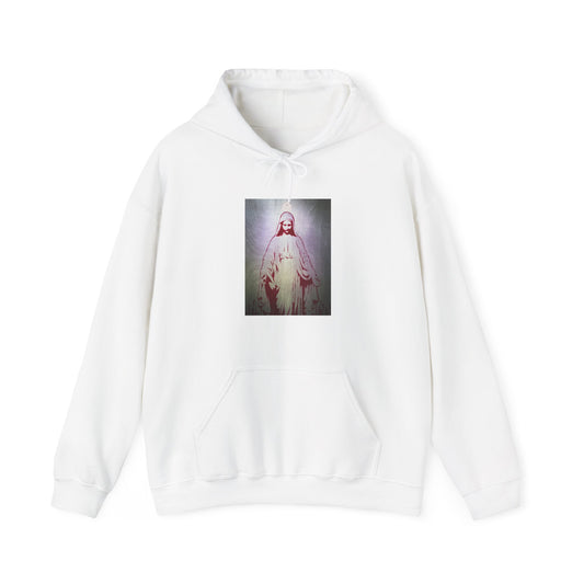 A white hooded sweatshirt with an image of a female figure in a dress positioned in the center above the waist on white background, front