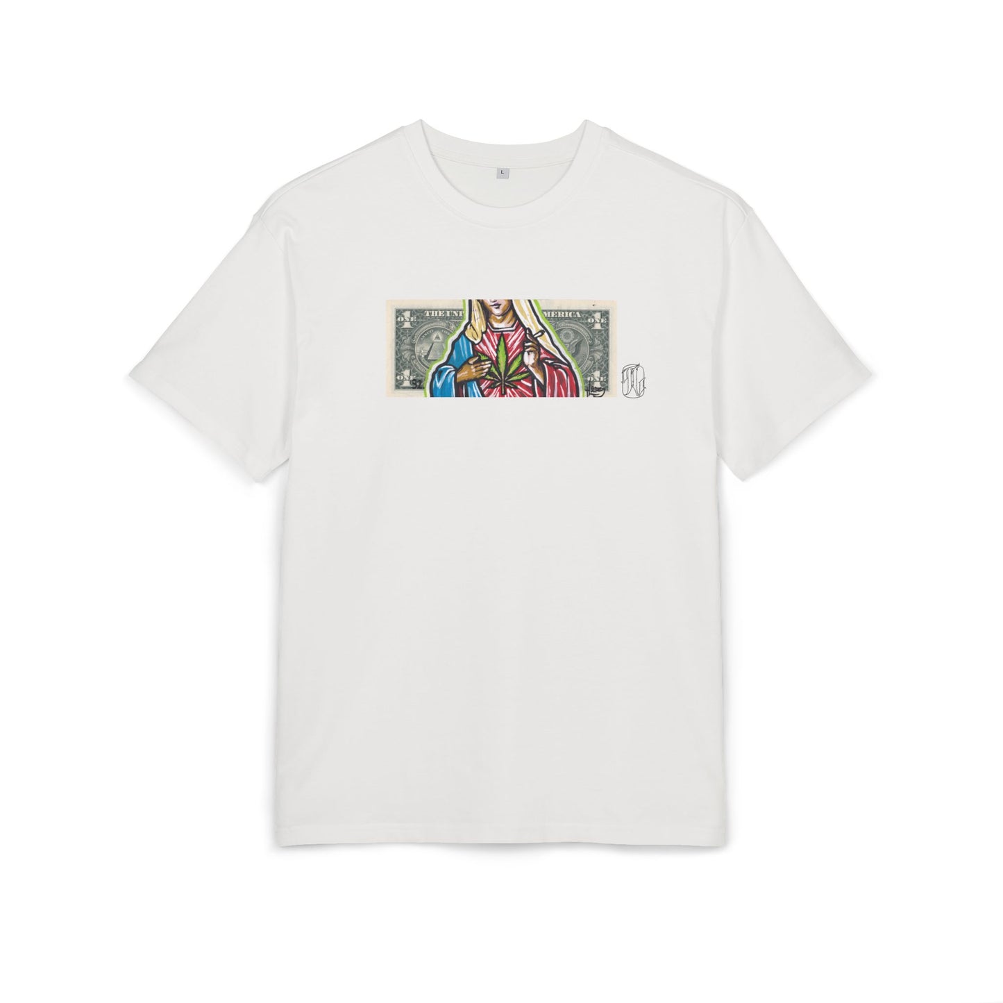 blanc White t-shirt with a colorful graphic of maryjane on a white background, front