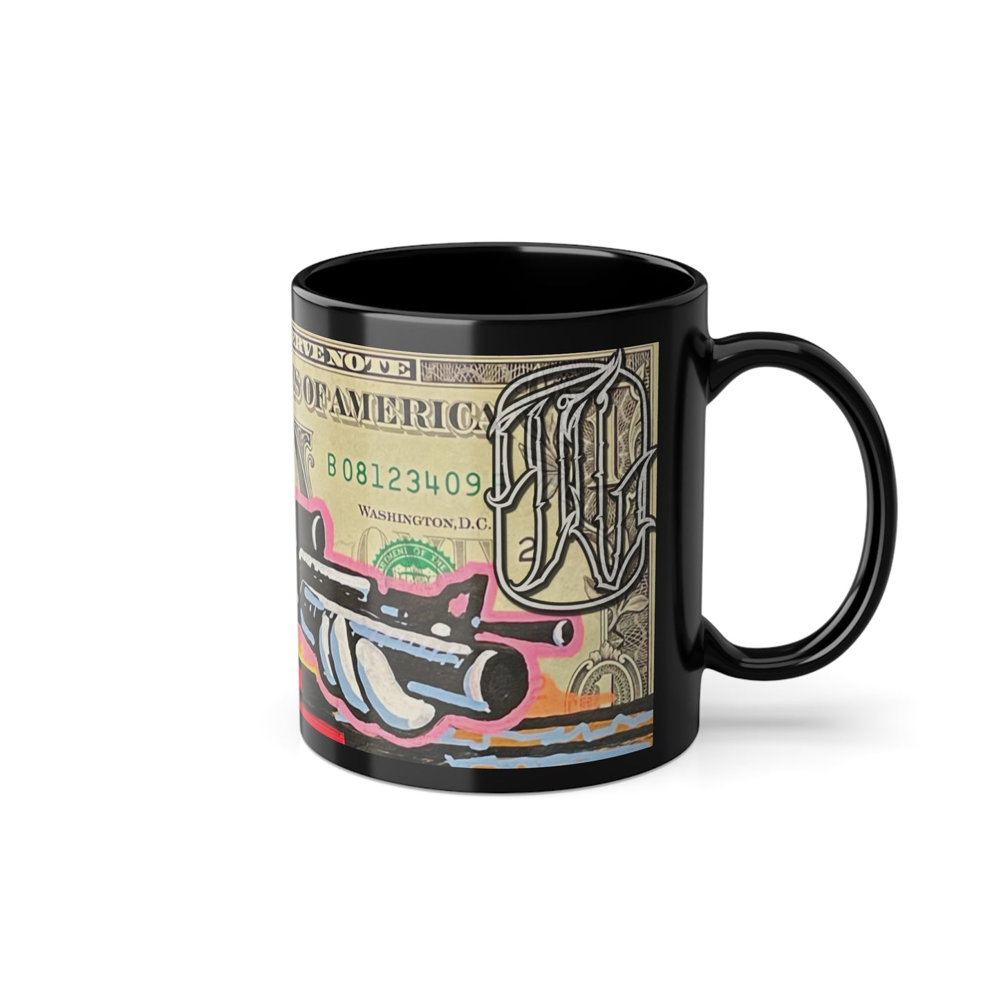 Black mug with colorful design featuring a character and dollar art on a white background, side