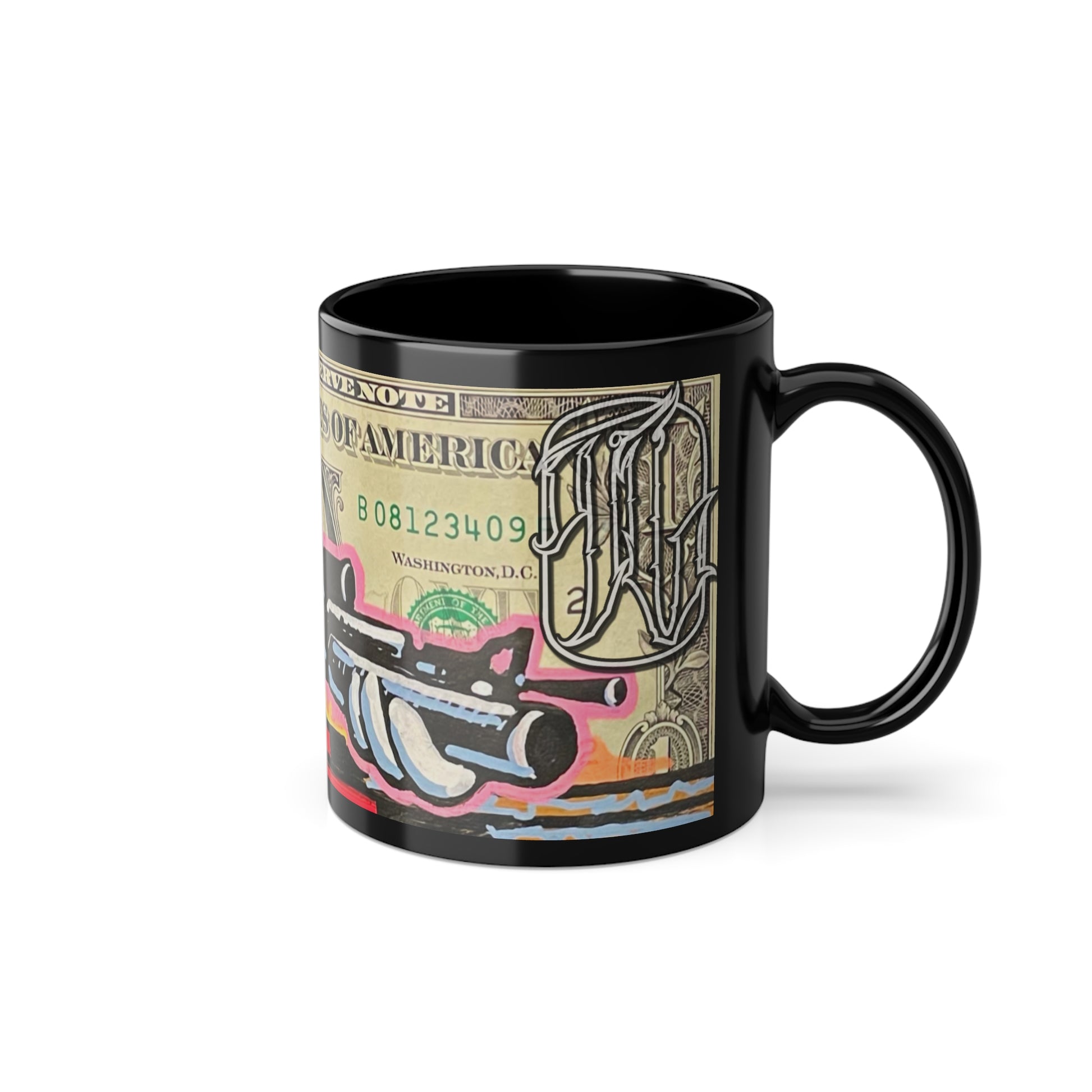 Black mug with colorful design featuring a character and dollar art on a white background, side