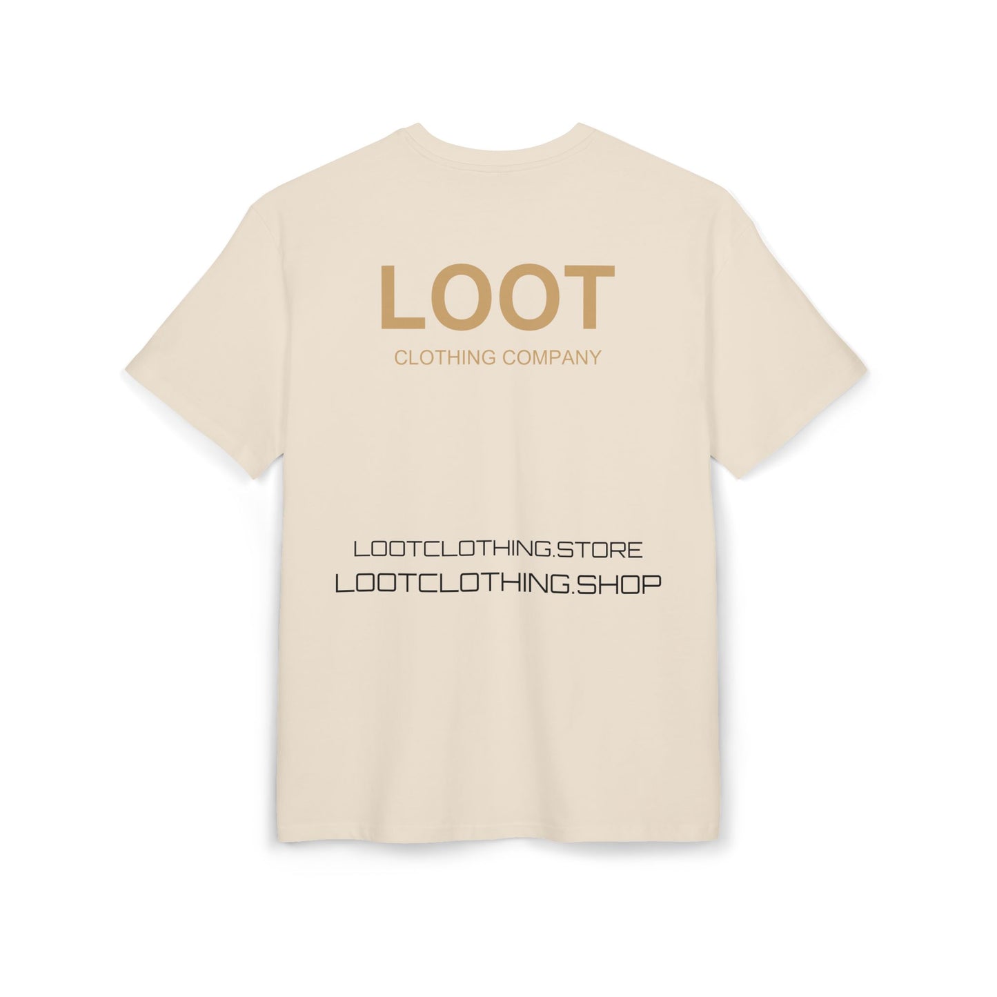 sand t-shirt with 'LOOT Clothing Company' text on a white background, back