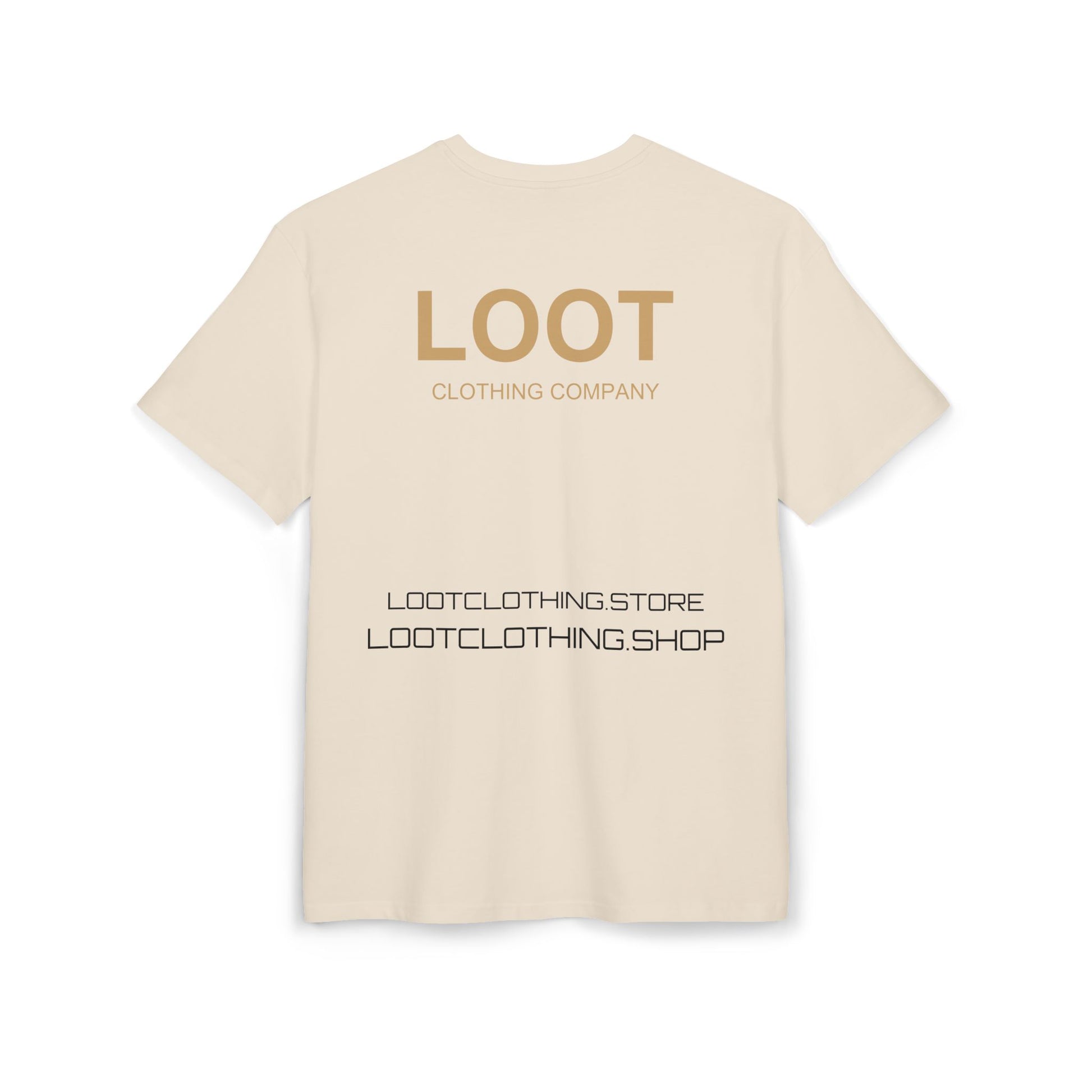 sand t-shirt with 'LOOT Clothing Company' text on a white background, back