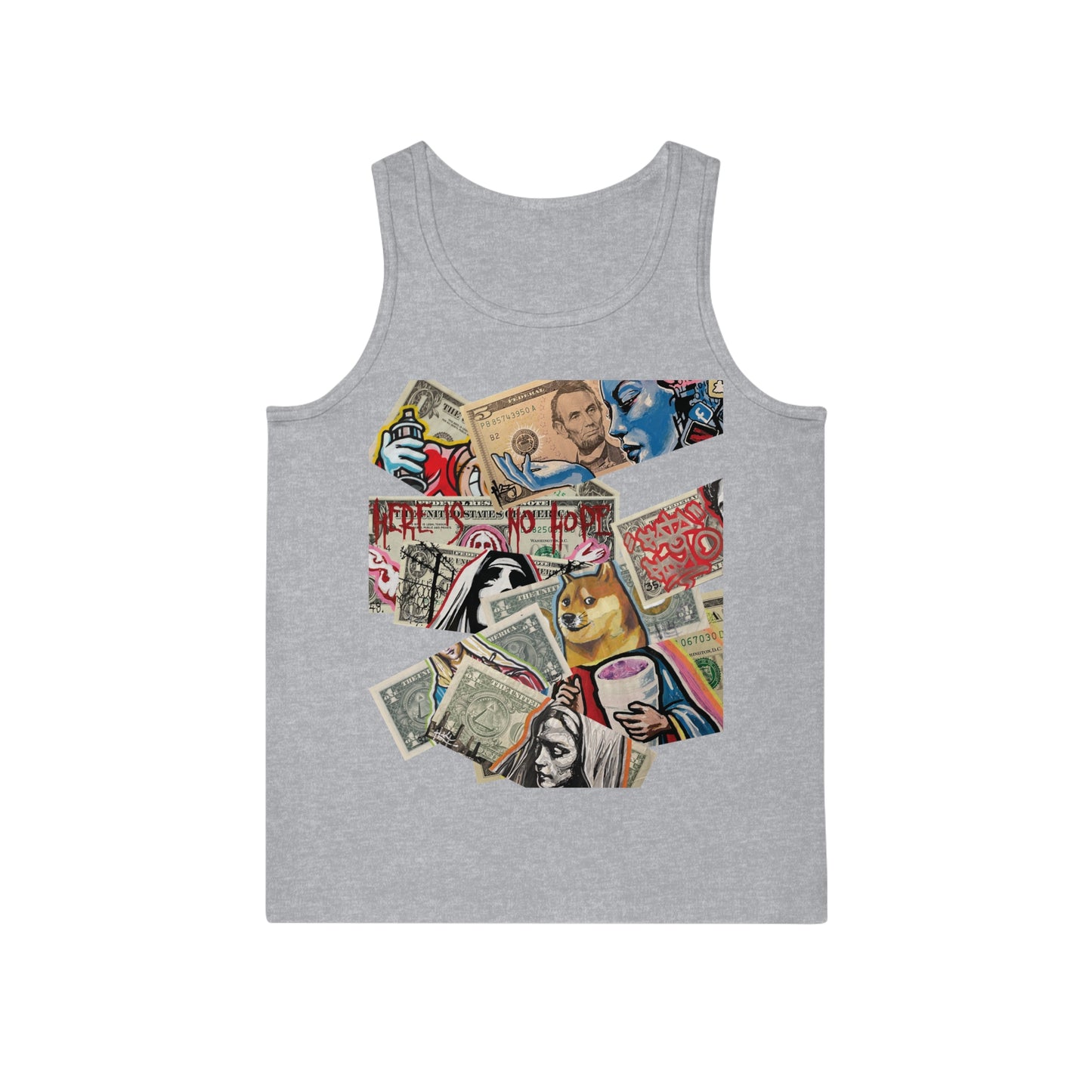 grey tank top with stacked dollars artistic design of dollars and text on a white background, front