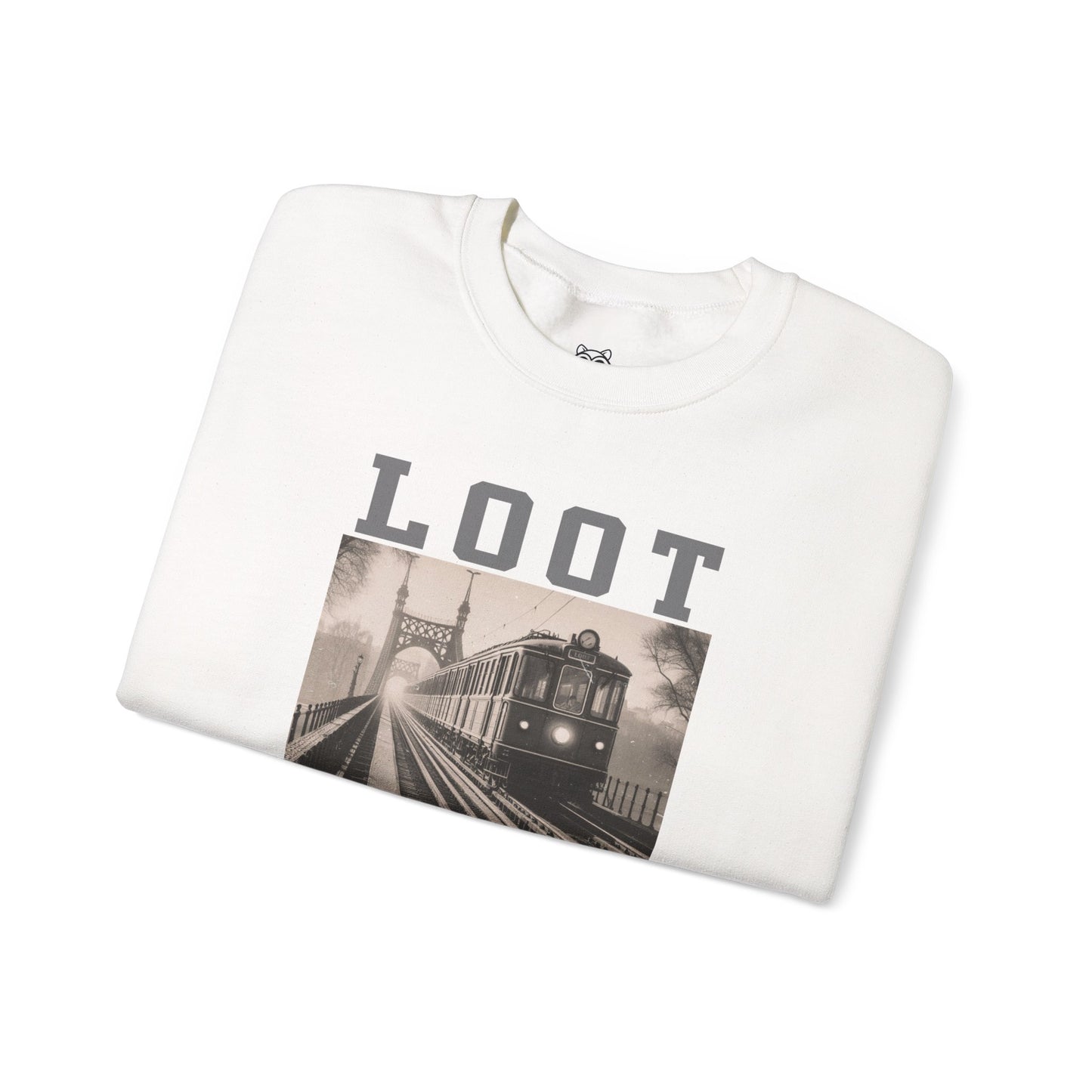 folded white sweatshirt with graphic design and 'LOOT' text on a white background, front