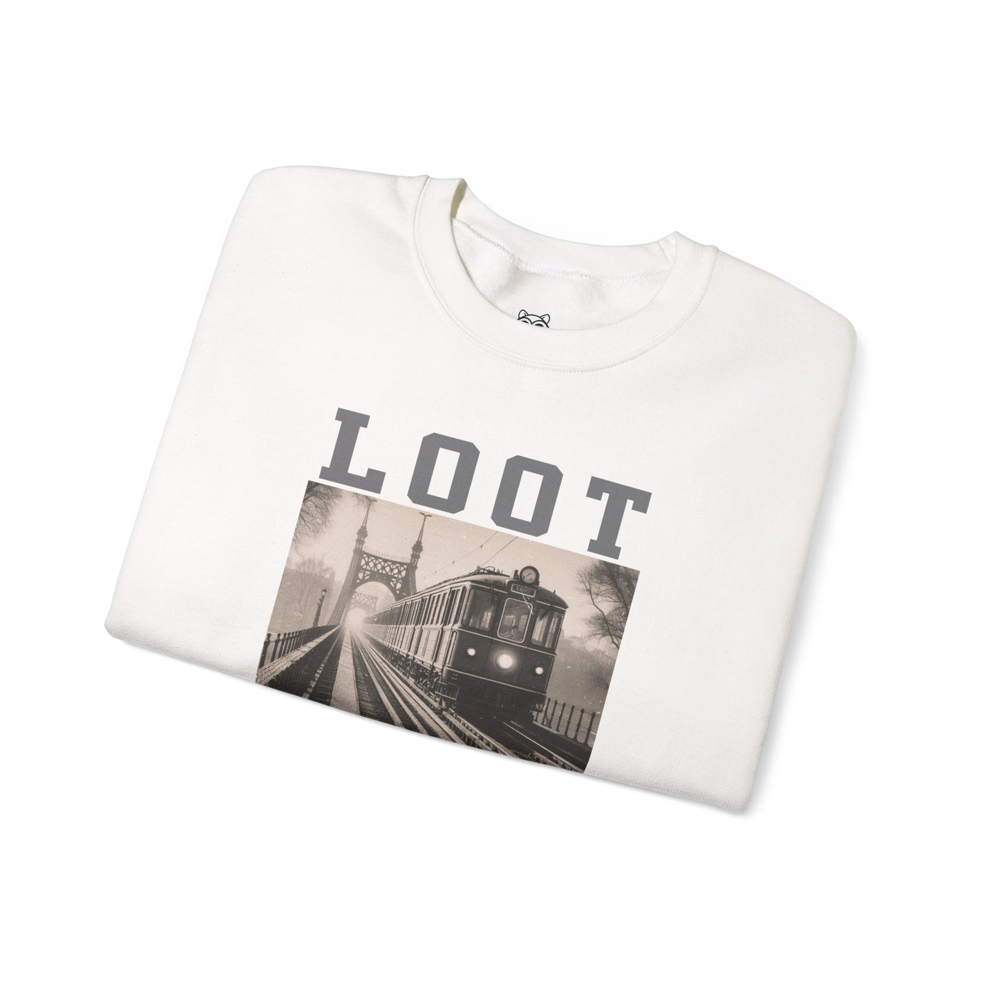 folded white sweatshirt with graphic design and 'LOOT' text on a white background, front