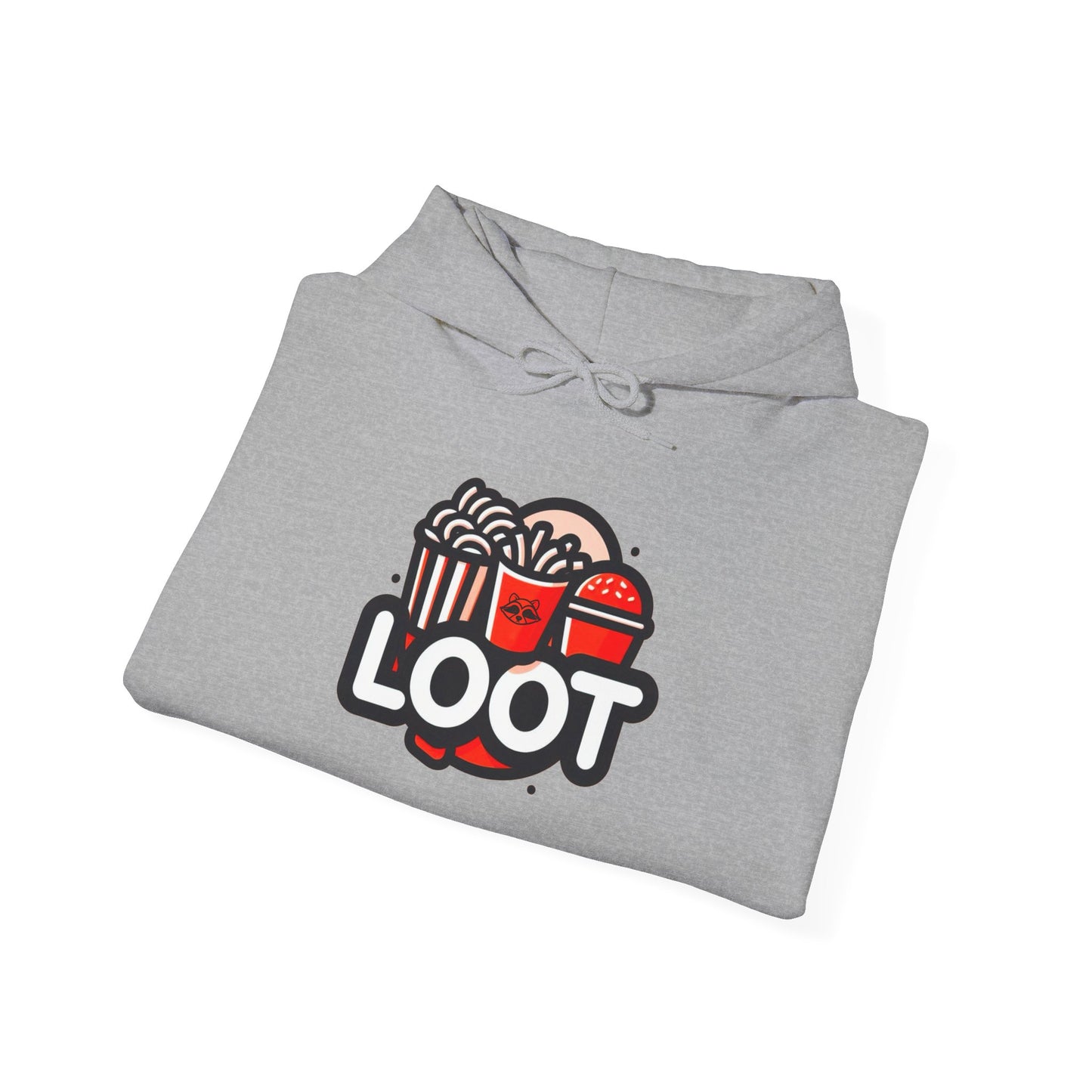 folded sport grey hooded sweatshirt in orange color with a graphic print on the front that reads 'LOOT' with a fast food beside it, front
