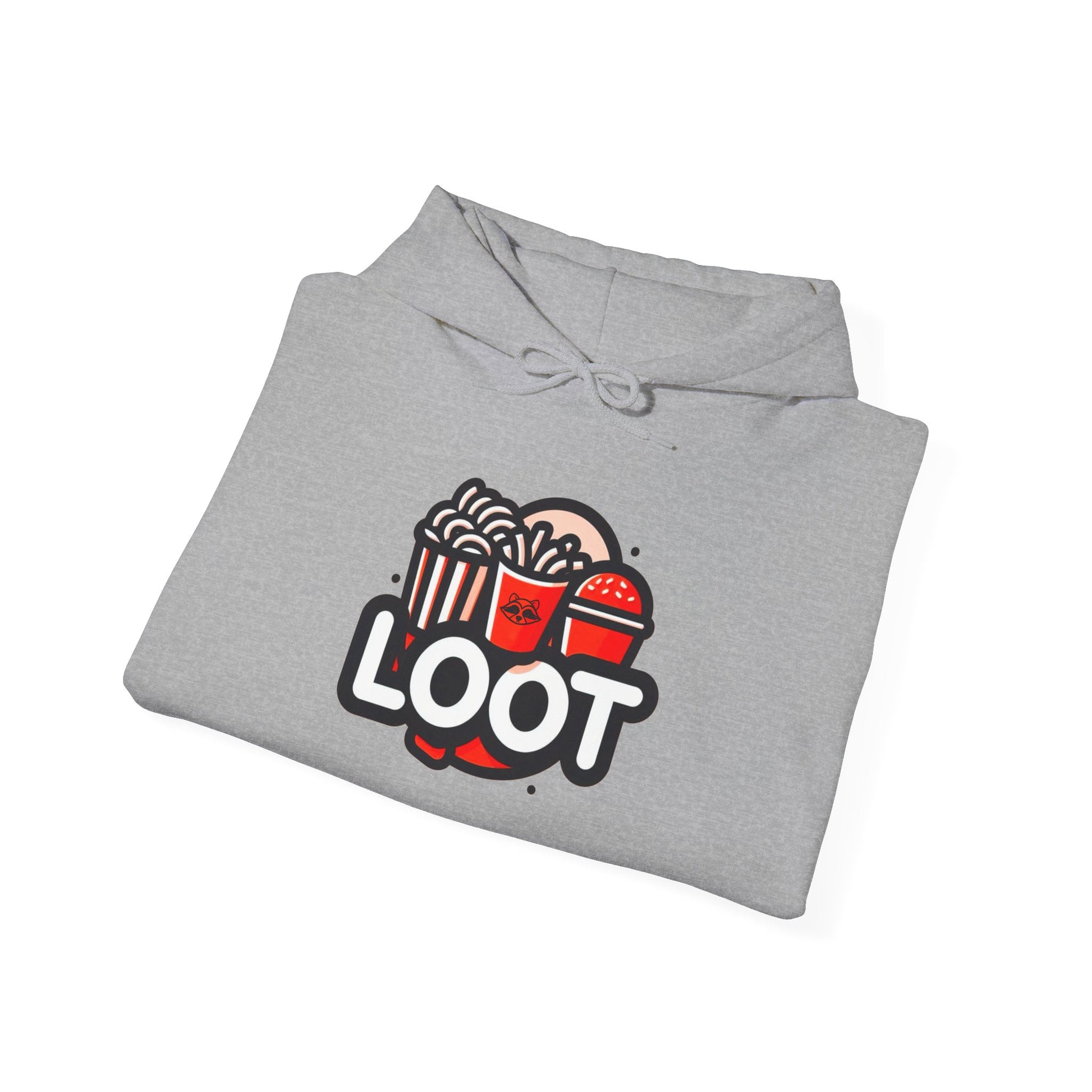 folded sport grey hooded sweatshirt in orange color with a graphic print on the front that reads 'LOOT' with a fast food beside it, front