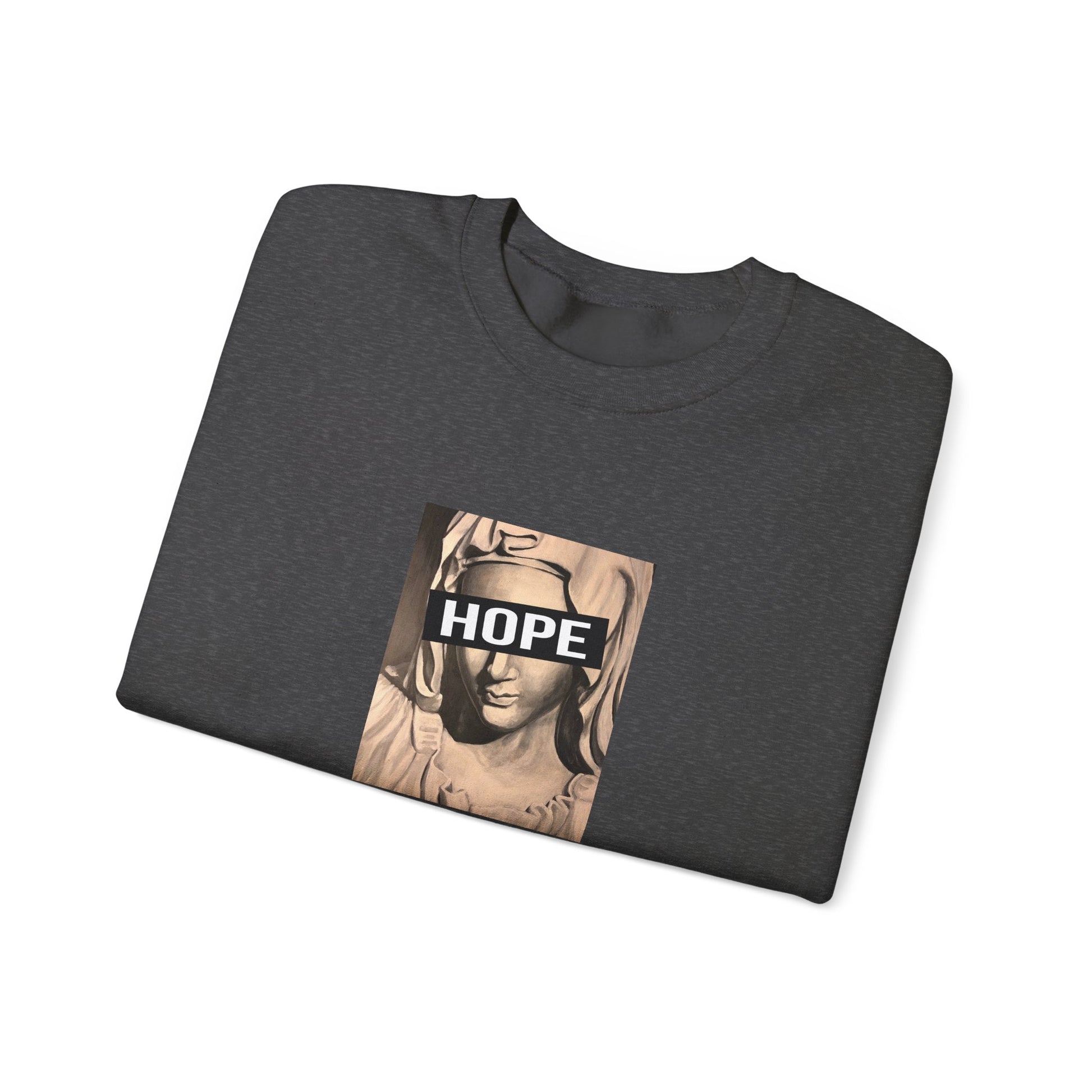 dark heather folded crewneck sweatshirt with a graphic print of a person's face and the word 'HOPE' on the front, front