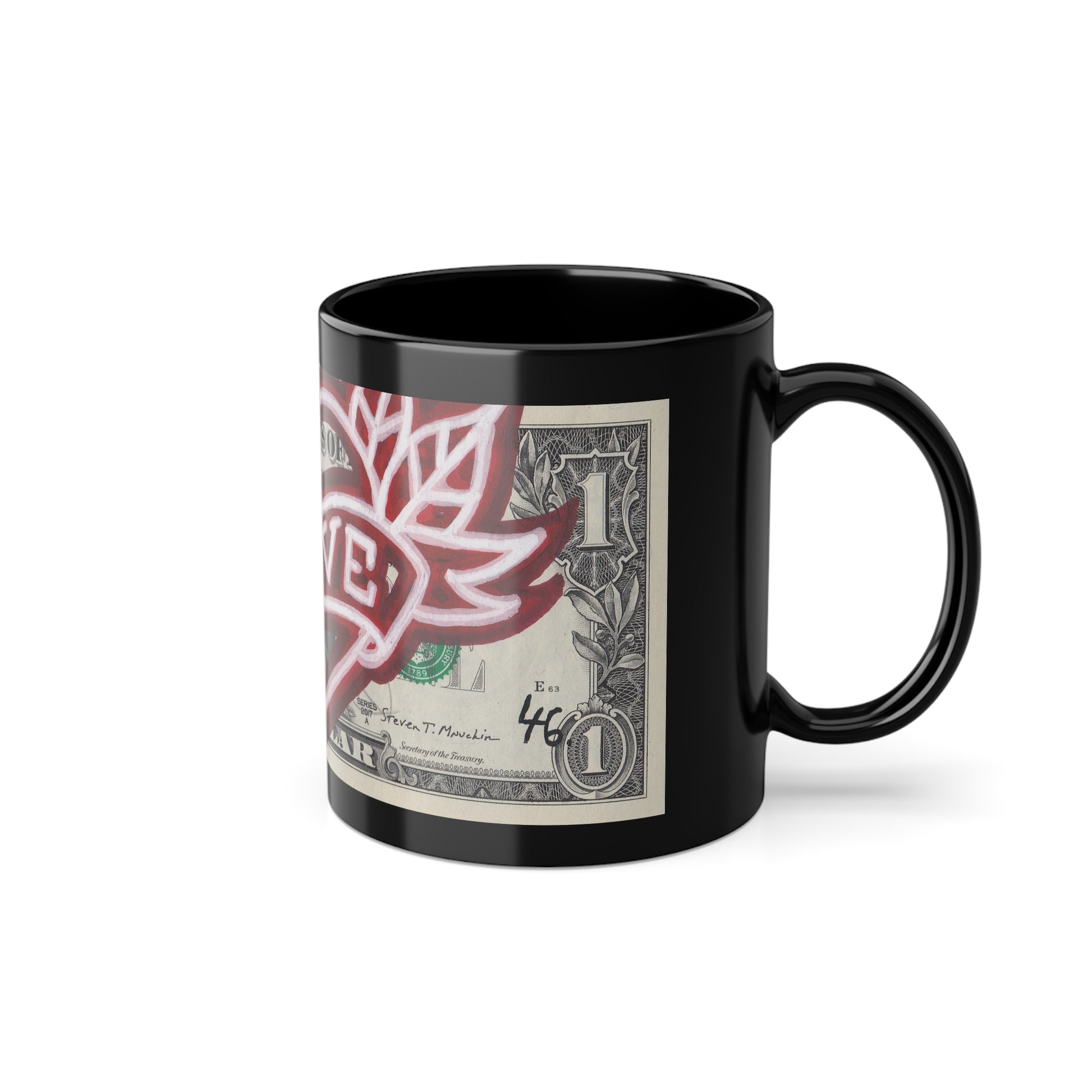 A black ceramic coffee mug with a glossy finish dollar art, featuring a white heart and the word 'LOVE' printed on the side, side