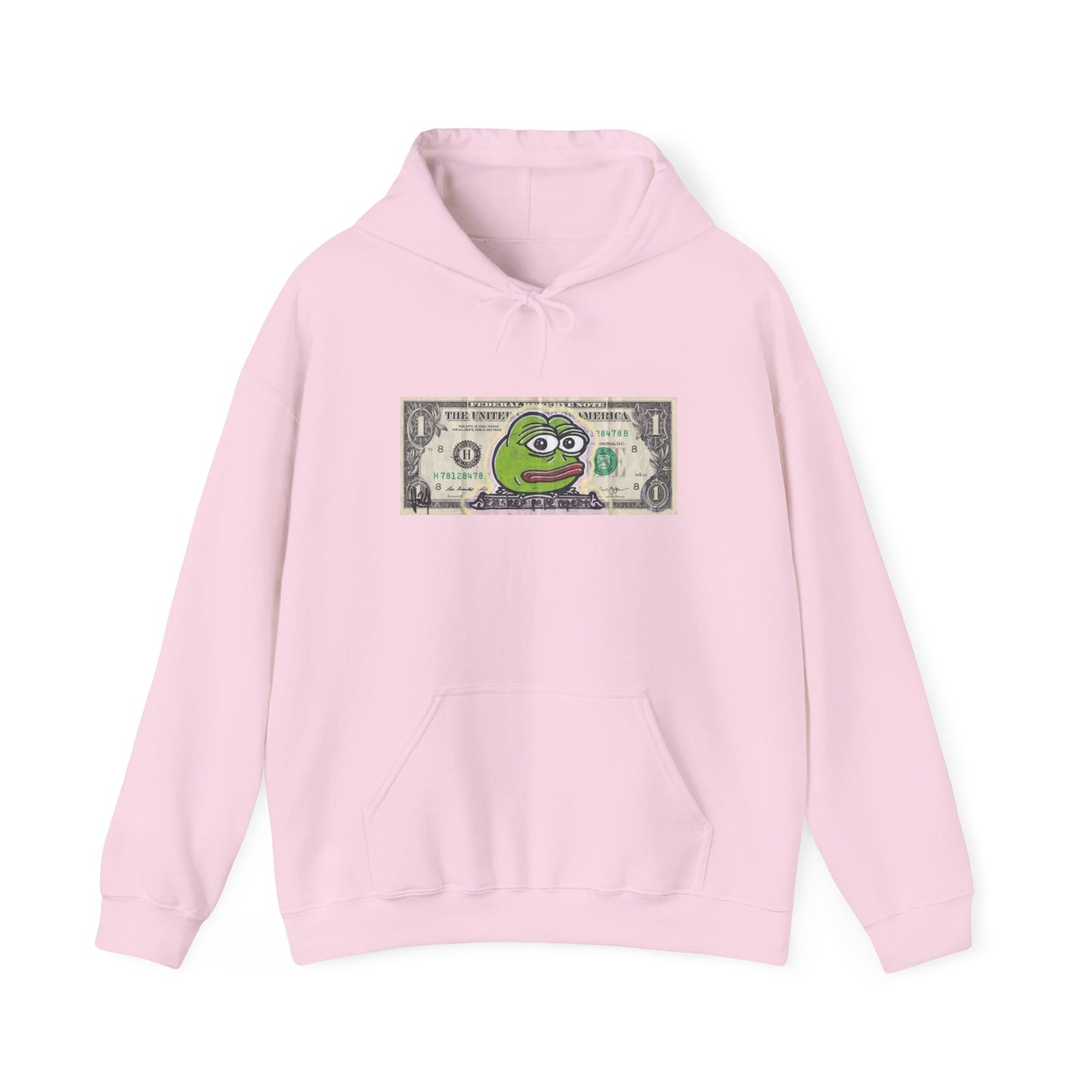 Pink hoodie with a graphic of Frog on a dollar bill design on white background, front