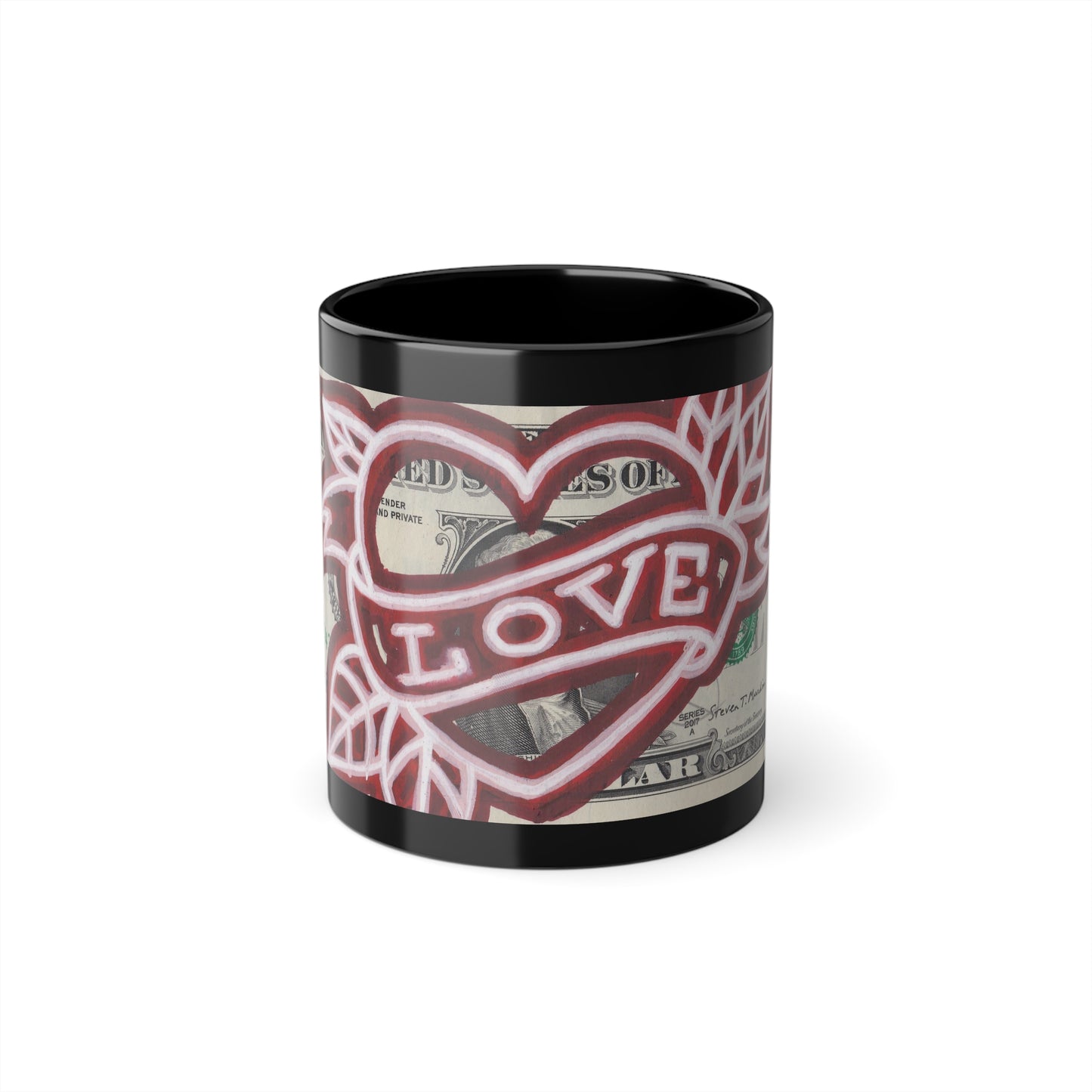 A black ceramic coffee mug with a glossy finish dollar art, featuring a white heart and the word 'LOVE' printed on the side, front