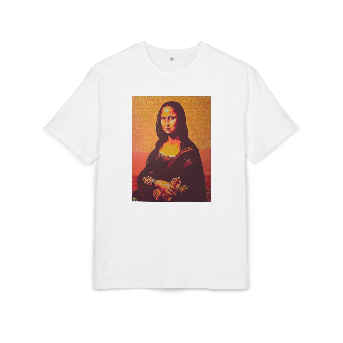 white T-shirt featuring a printed portrait of a famous painting on the front, front