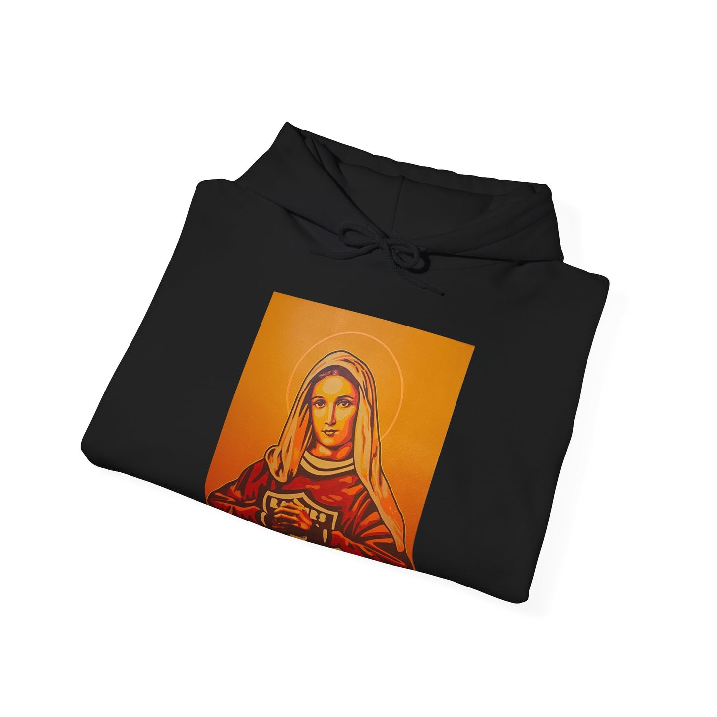 folded black hoodie with a graphic of a woman on an orange background, front