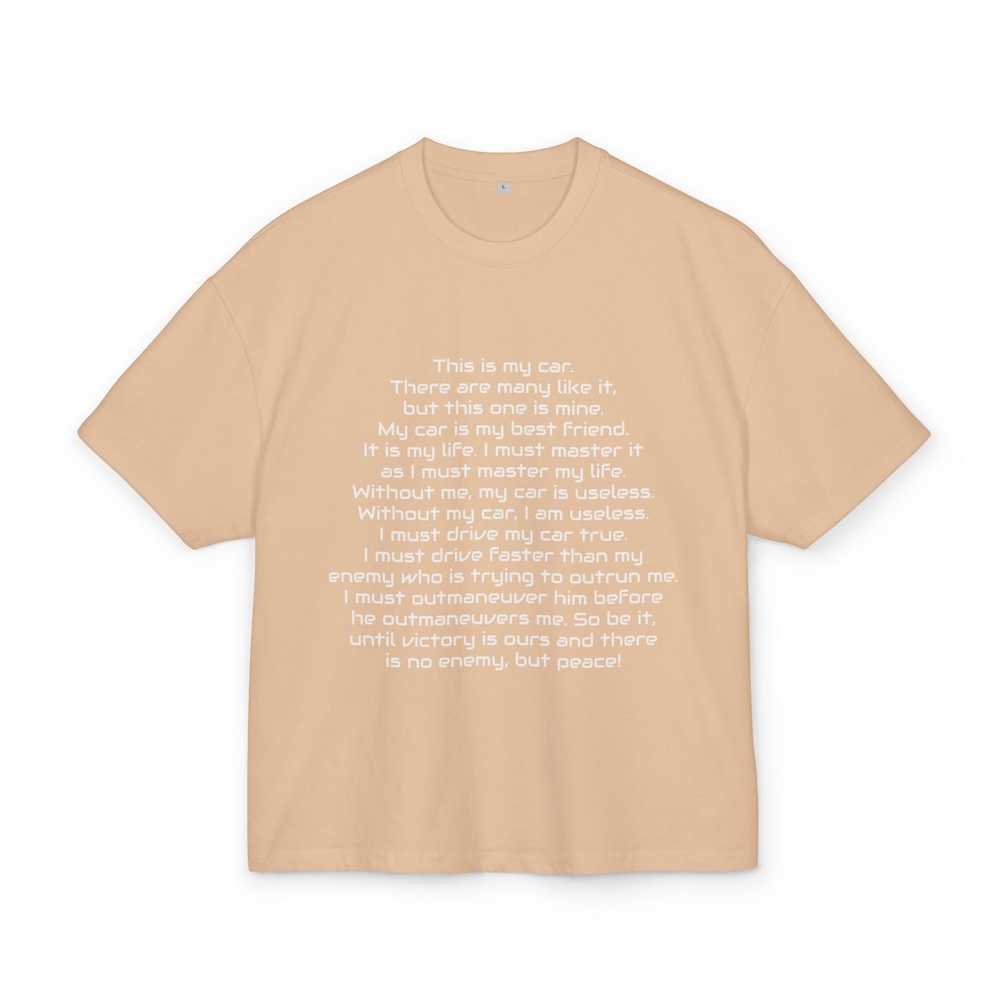 sand box t-shirt with white car inspired text on a white background, front