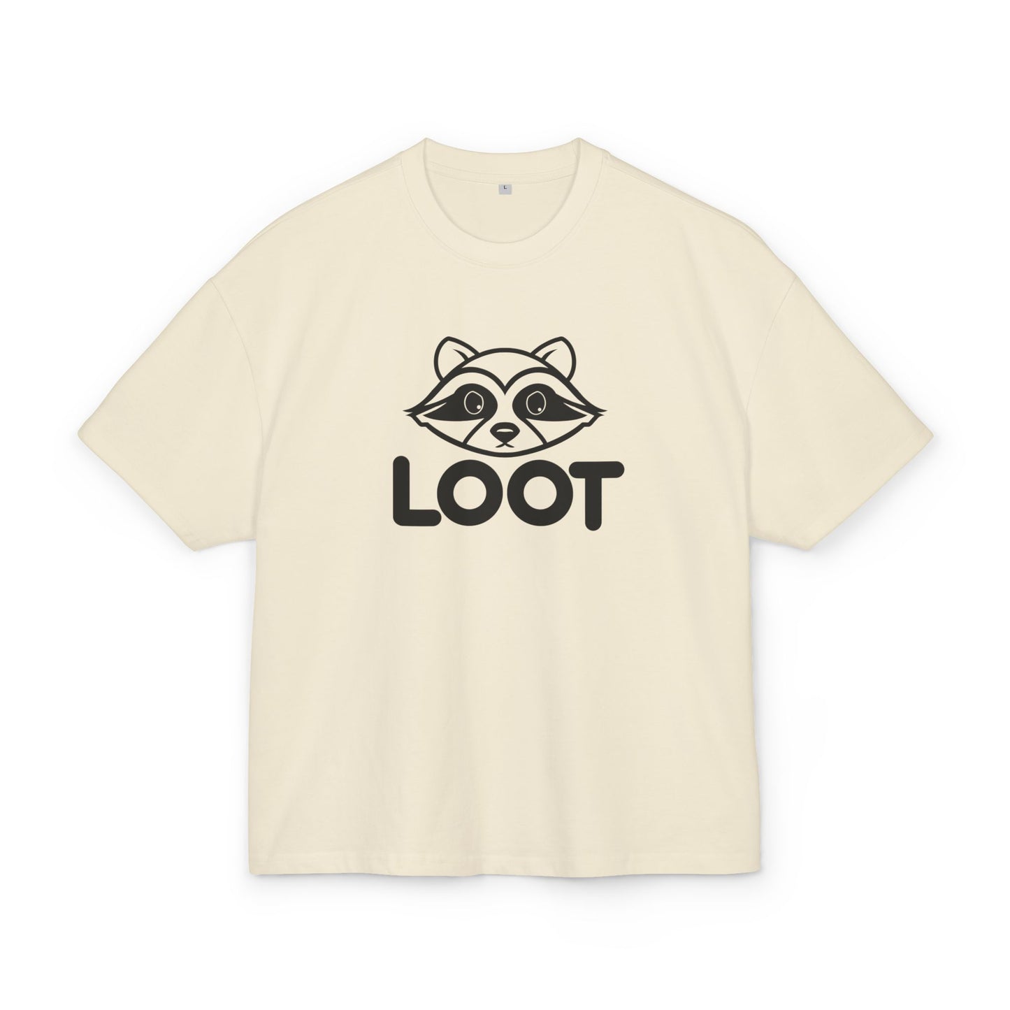 Sand unisex box t-shirt with the word 'LOOT' printed on the front and a graphic of a raccoon's face, front