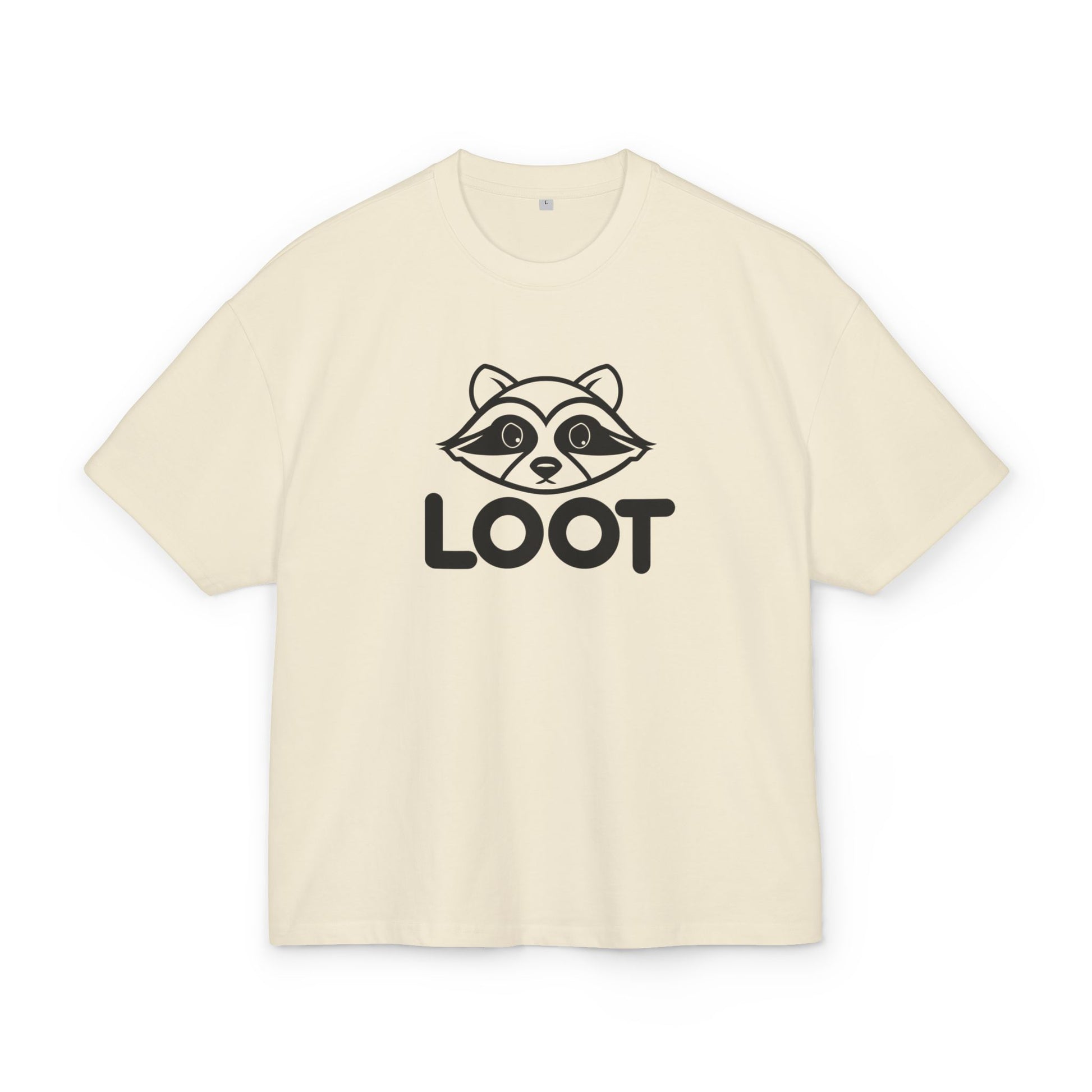 Sand unisex box t-shirt with the word 'LOOT' printed on the front and a graphic of a raccoon's face, front
