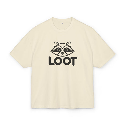 Sand unisex box t-shirt with the word 'LOOT' printed on the front and a graphic of a raccoon's face, front