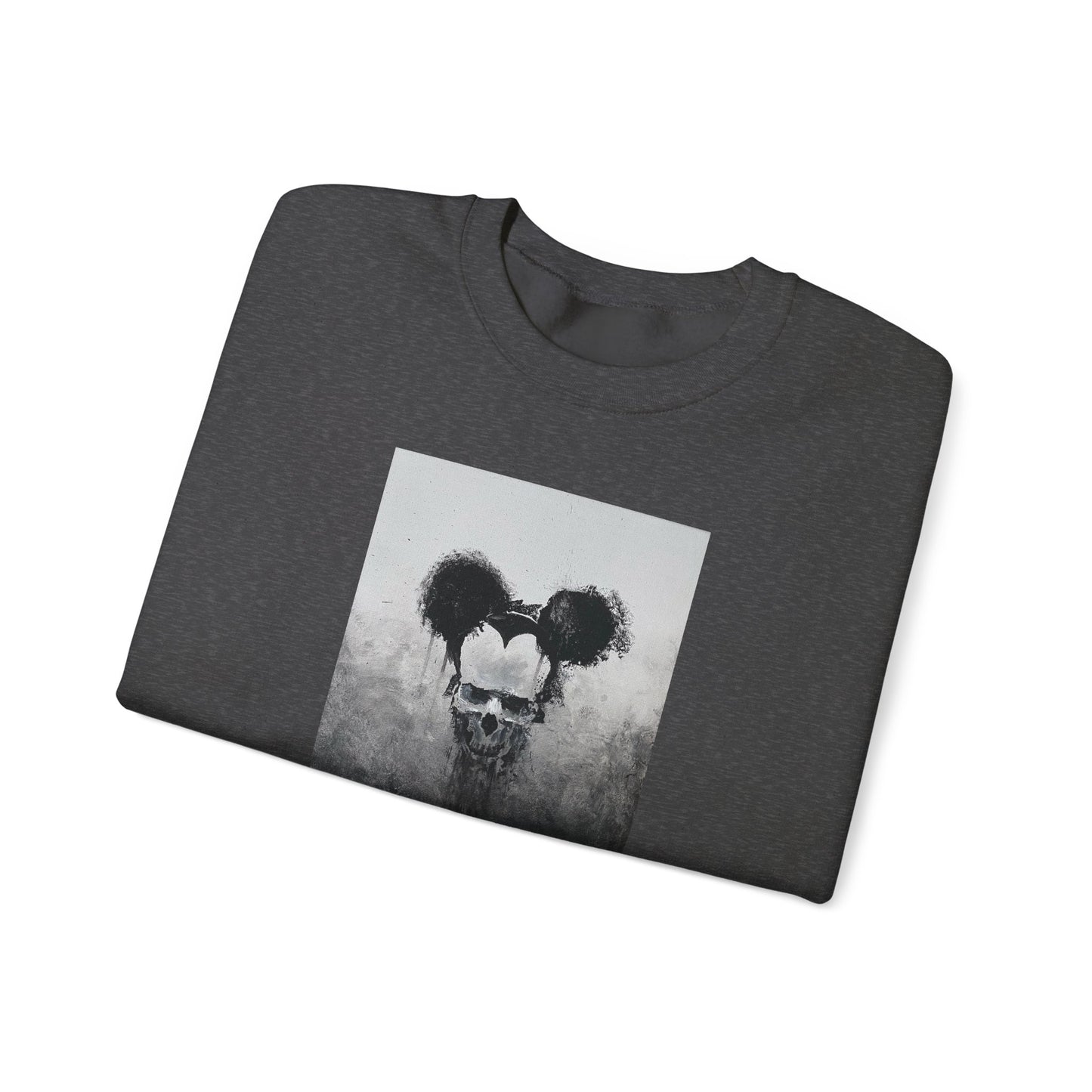 folded dark heather unisex crewneck sweatshirt with a front print of a dripping mickey portrait, front