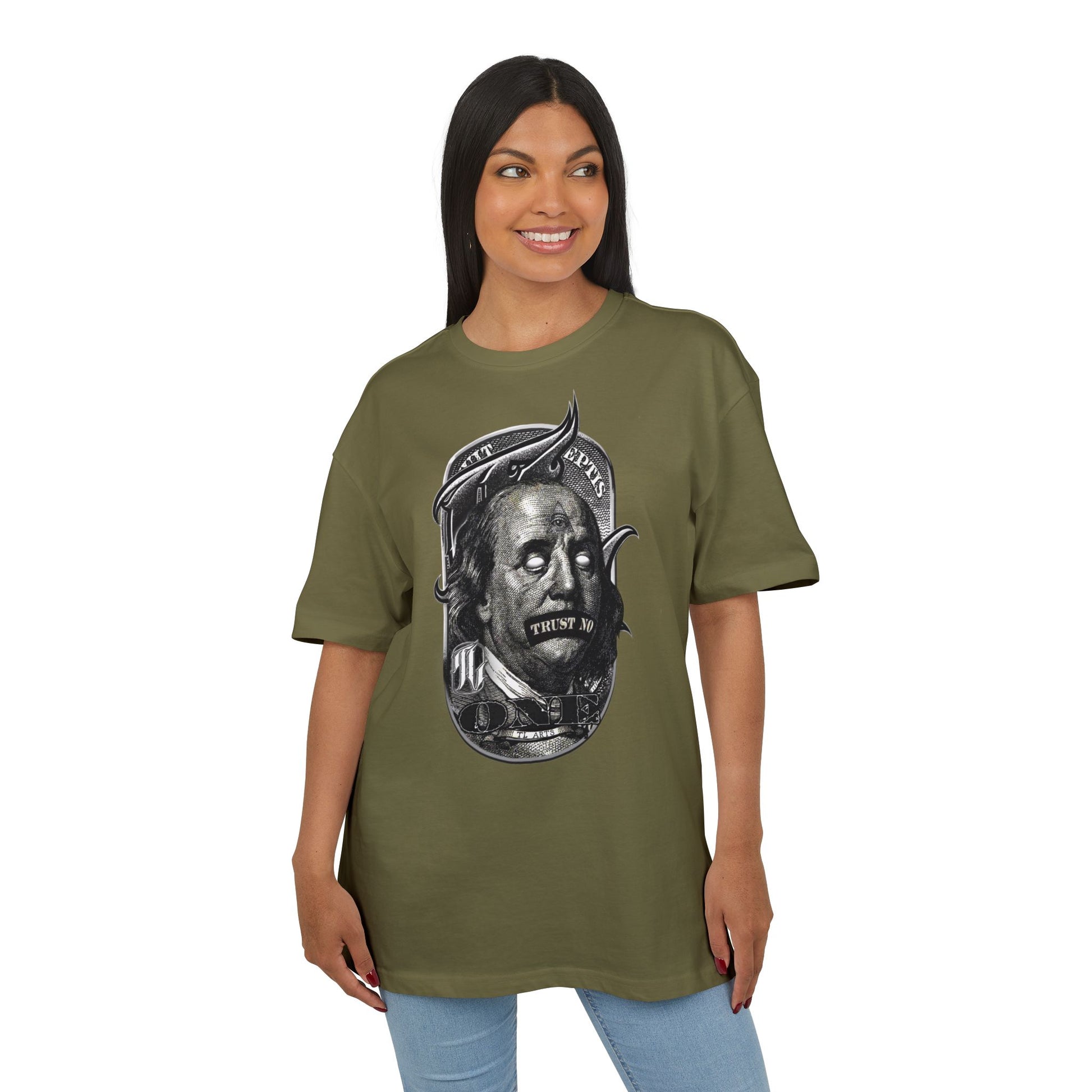 Woman wearing an olive green t-shirt with a graphic design on a white , art, benjamin, frontbackground