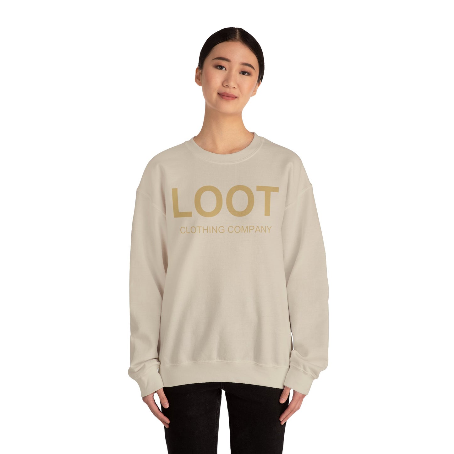 Person wearing a sand sweatshirt with 'LOOT Clothing Company' text on a white background, front