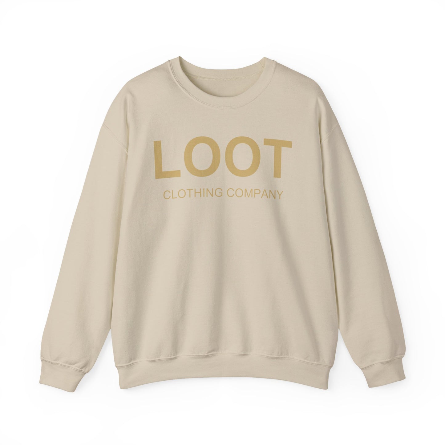 sand sweatshirt with 'LOOT Clothing Company' text on a white background, front