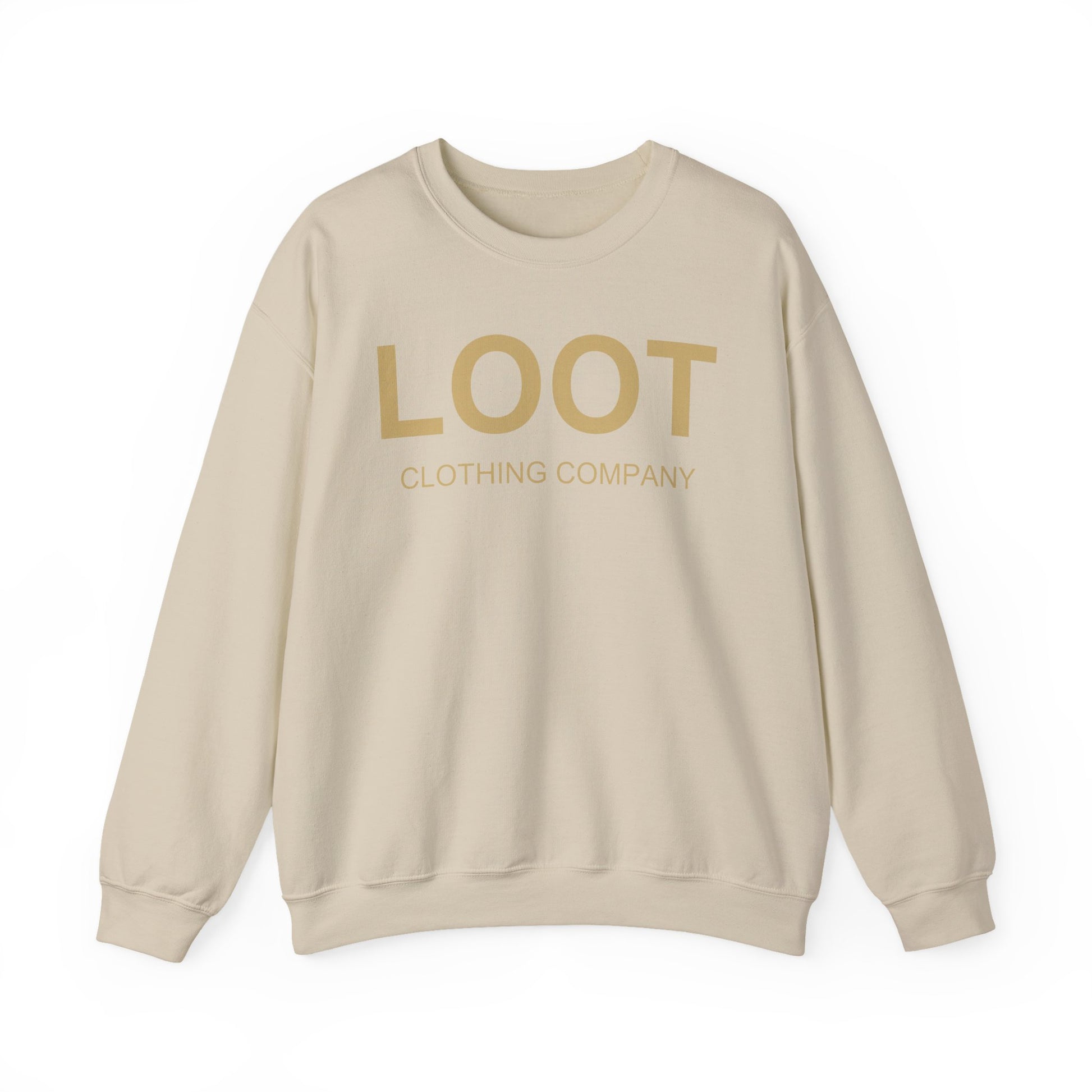 sand sweatshirt with 'LOOT Clothing Company' text on a white background, front