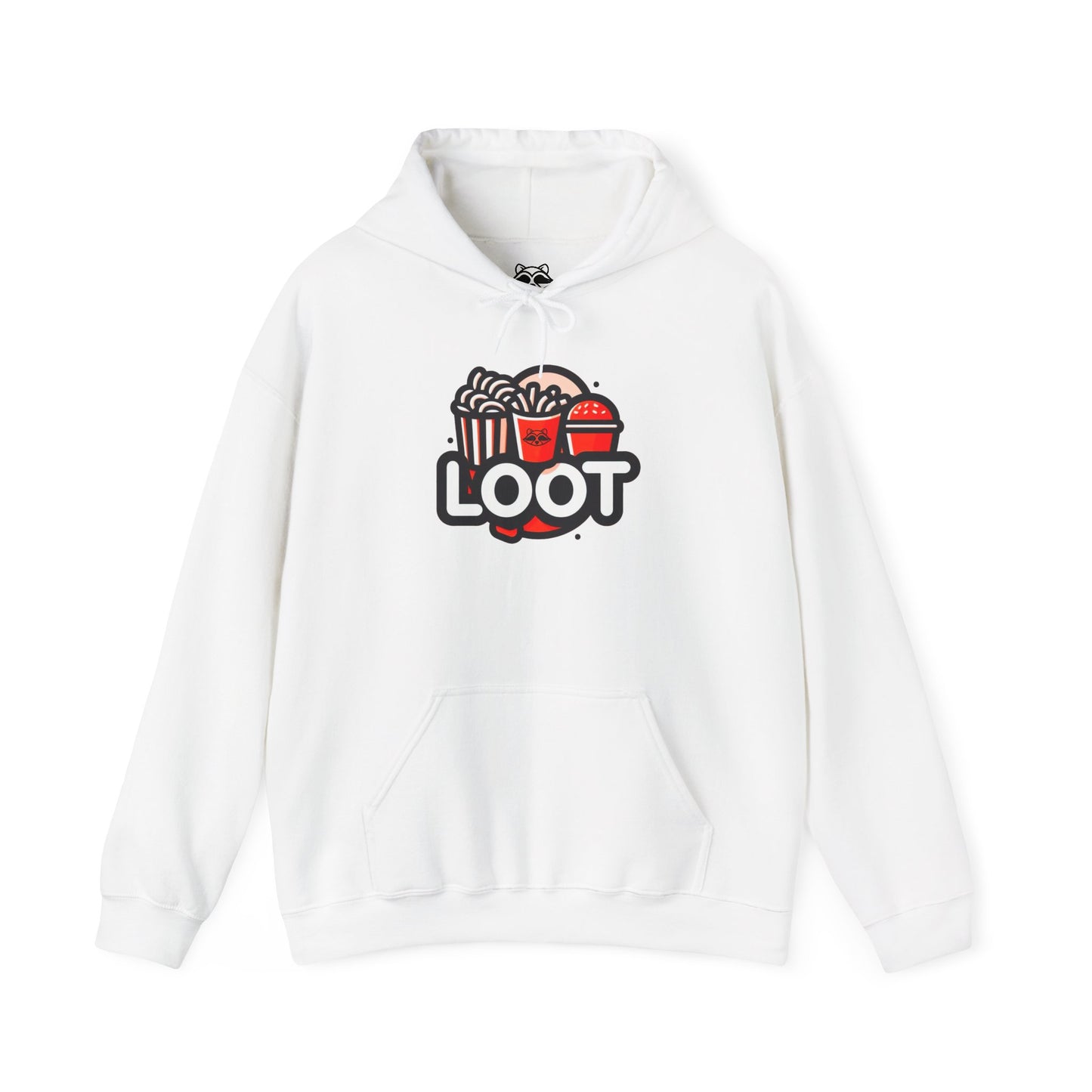 white hooded sweatshirt in orange color with a graphic print on the front that reads 'LOOT' with a fast food beside it, front