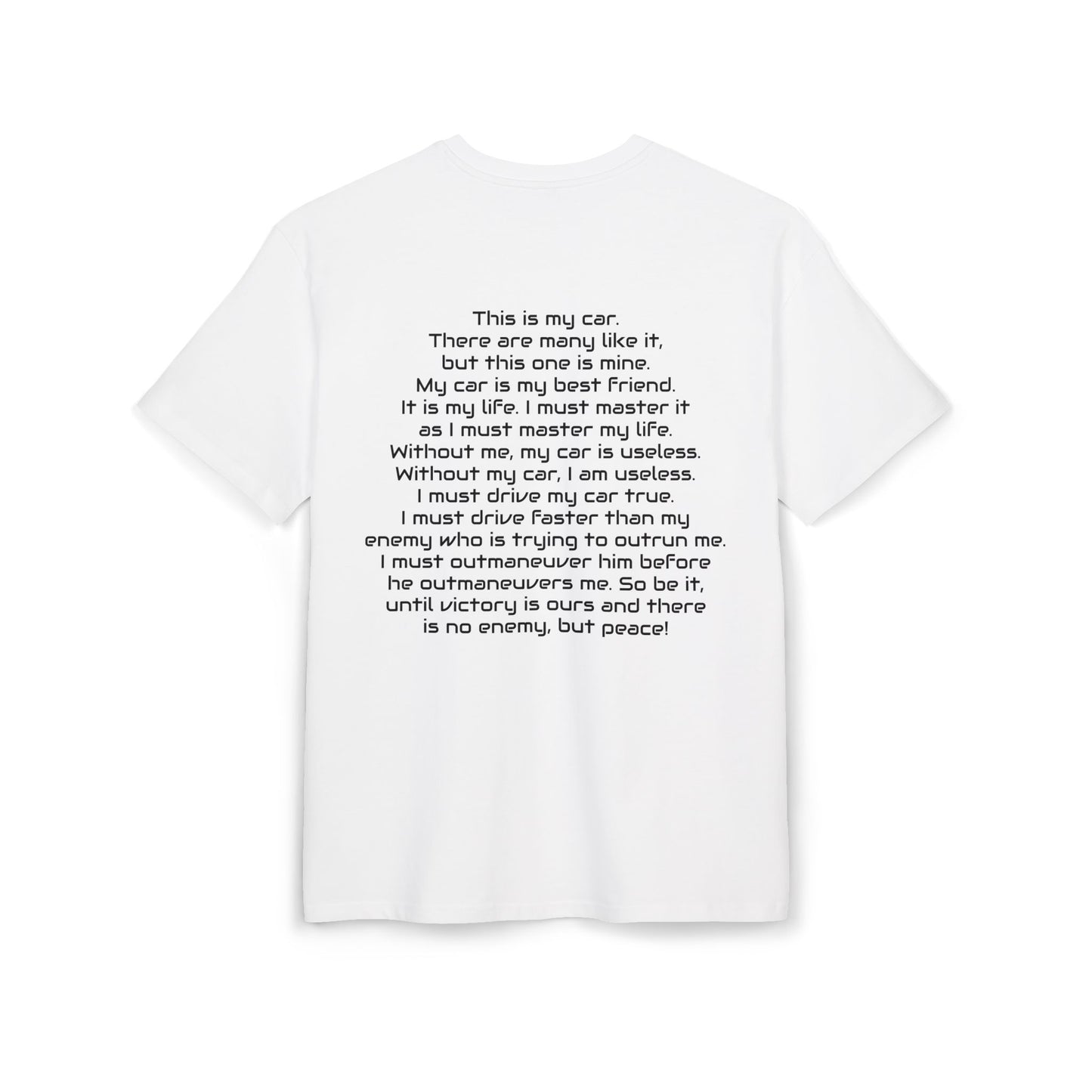 white t-shirt with white car inspired text on a white background, back