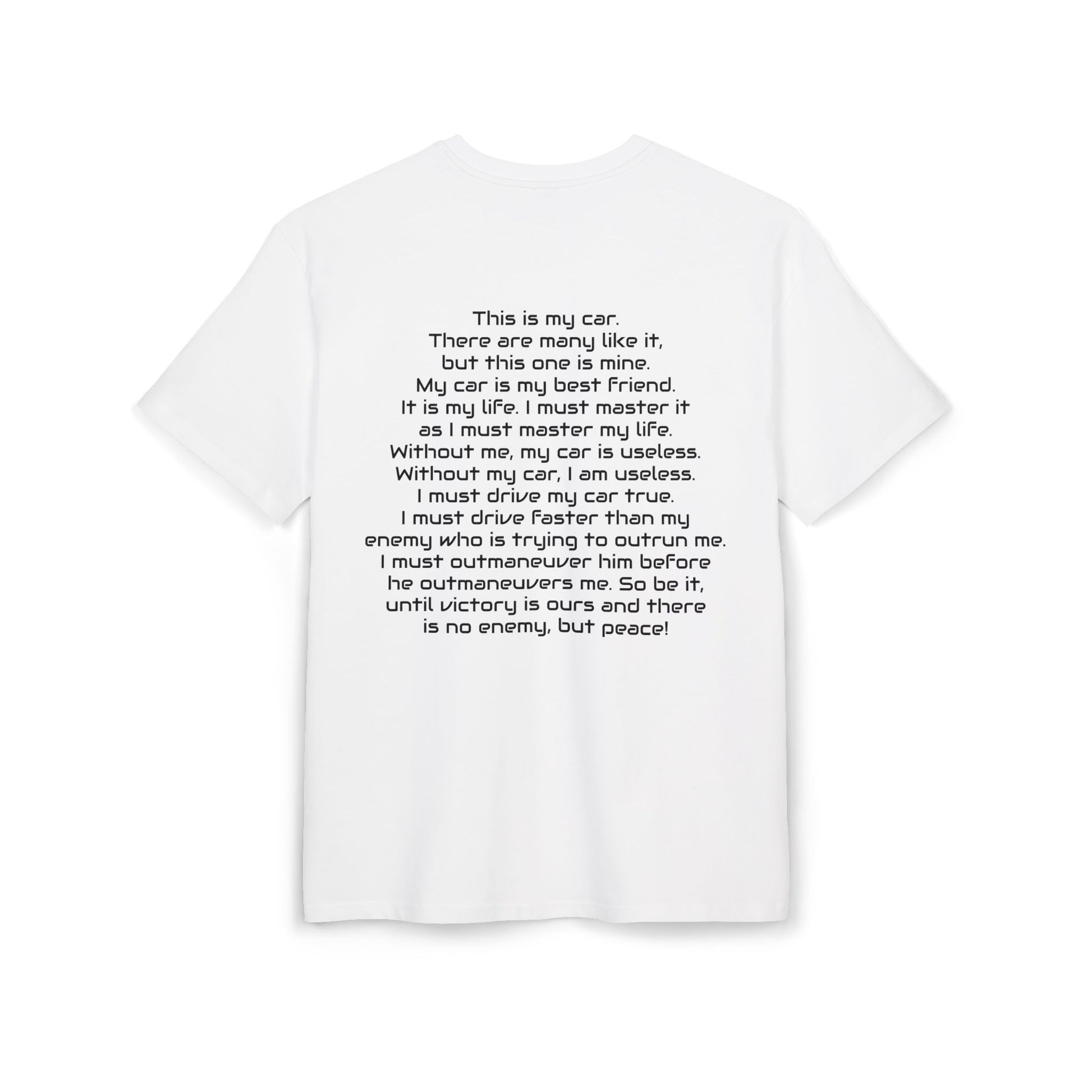 white t-shirt with white car inspired text on a white background, back
