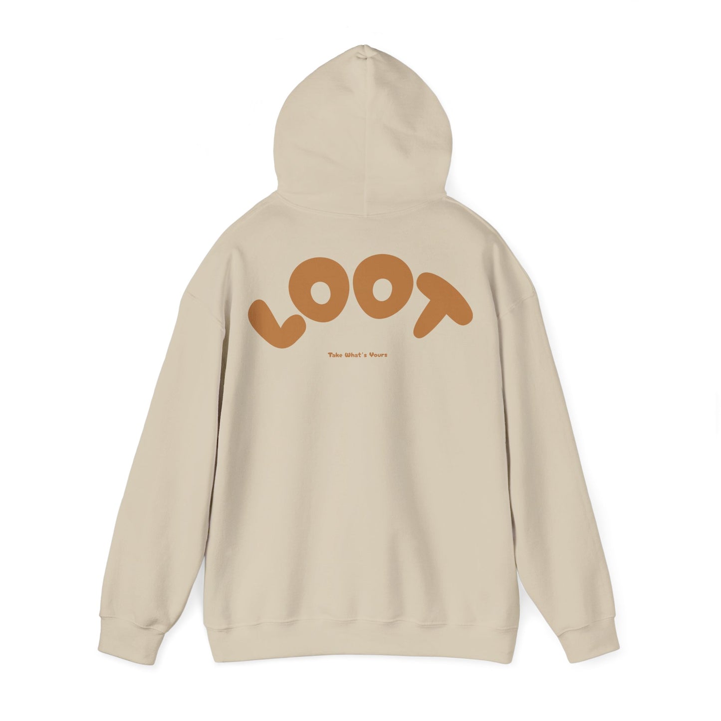 sand hoodie with 'LOOT' logo on the back against a white background, back