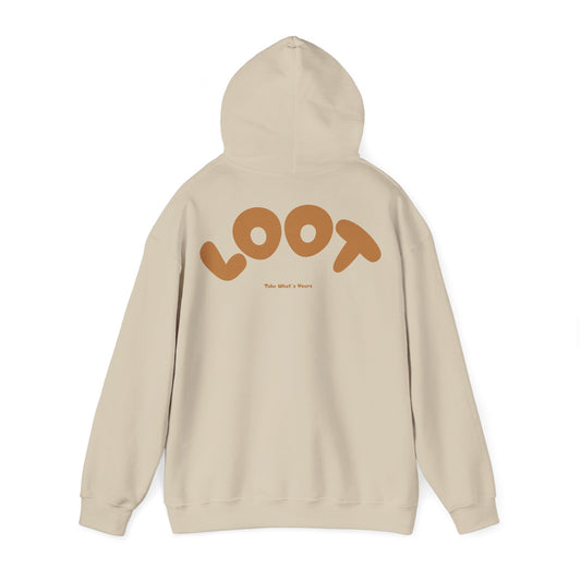 sand hoodie with 'LOOT' logo on the back against a white background, back