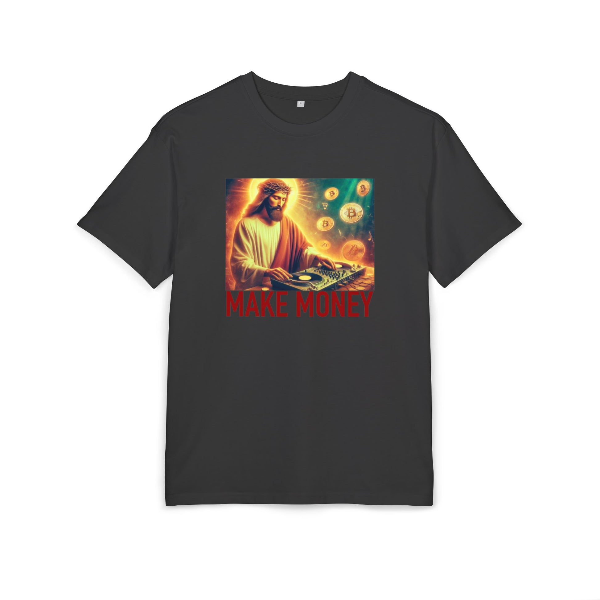 black t-shirt with a graphic of a person playing music equipment and 'MAKE MONEY' text on a white background, front