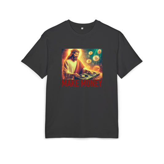 black t-shirt with a graphic of a person playing music equipment and 'MAKE MONEY' text on a white background, front