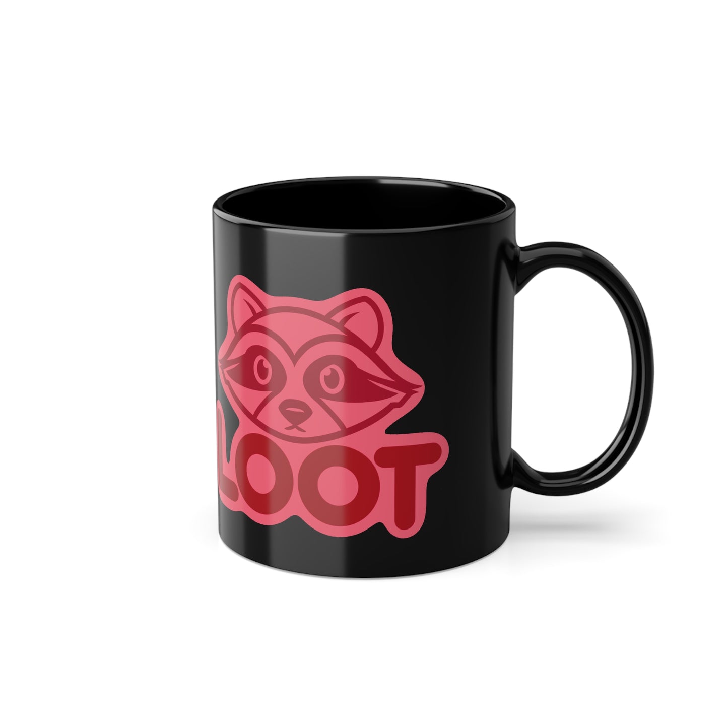 Black mug with a red raccoon graphic and 'LOOT' text on a white background, side