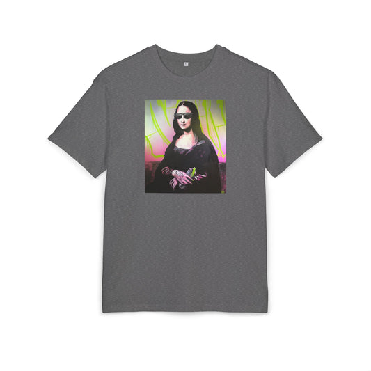 charcoal heather t-shirt with a graphic of Mona Lisa wearing sunglasses on a white background, front
