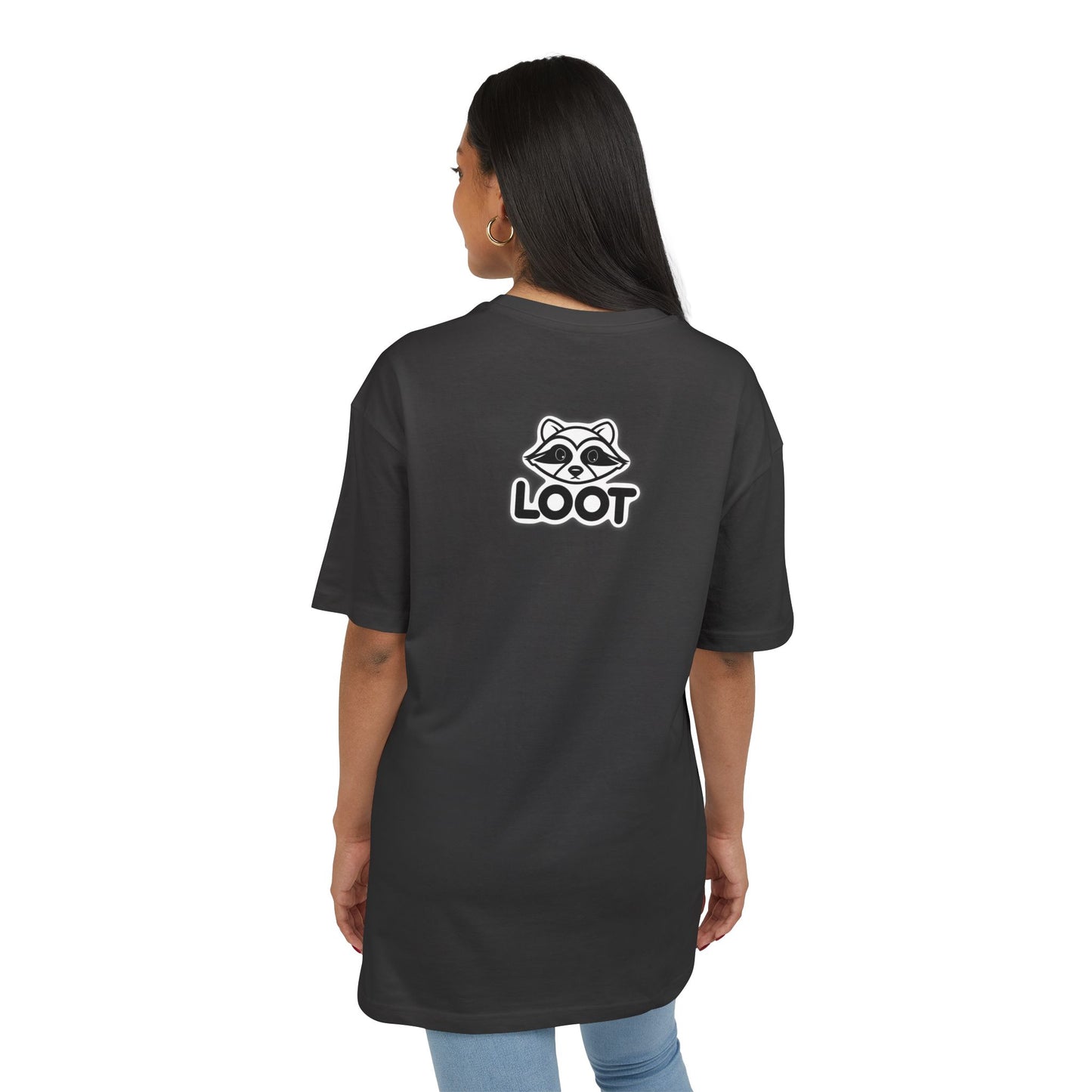Person wearing a black t-shirt with 'LOOT' logo on the back, standing against a white background, back