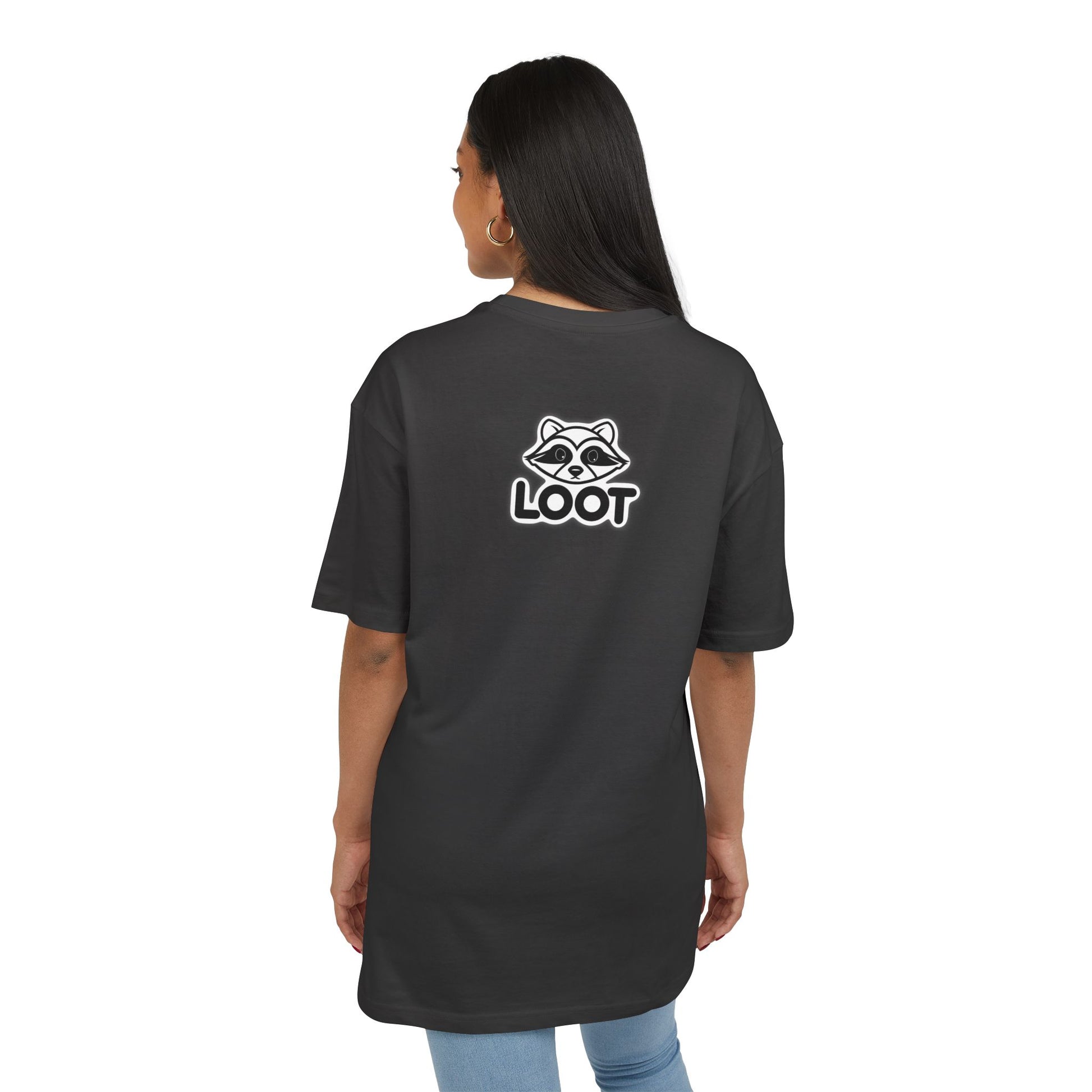Person wearing a black t-shirt with 'LOOT' logo on the back, standing against a white background, back