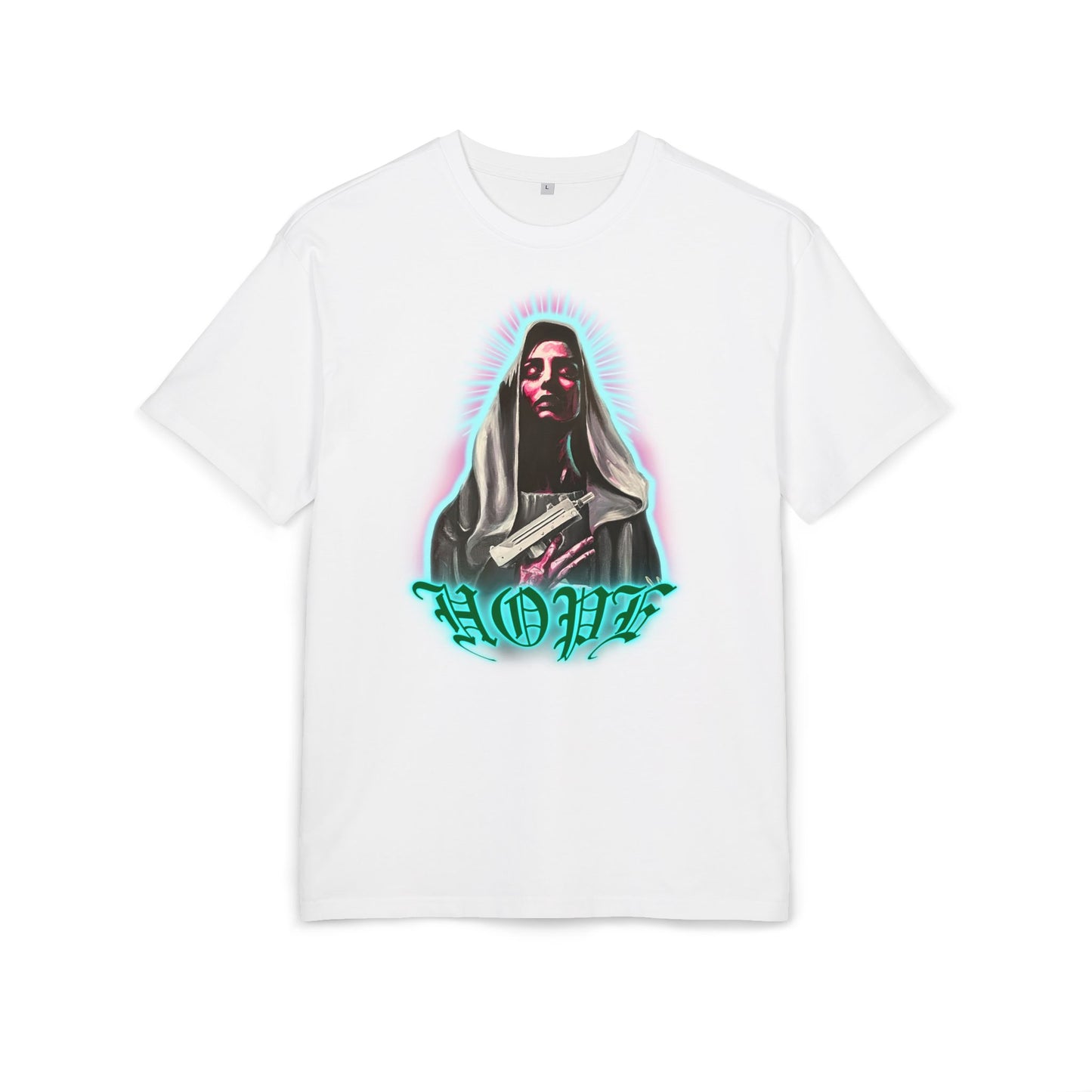 white t-shirt with a graphic print of a character and the word 'HOPE', front